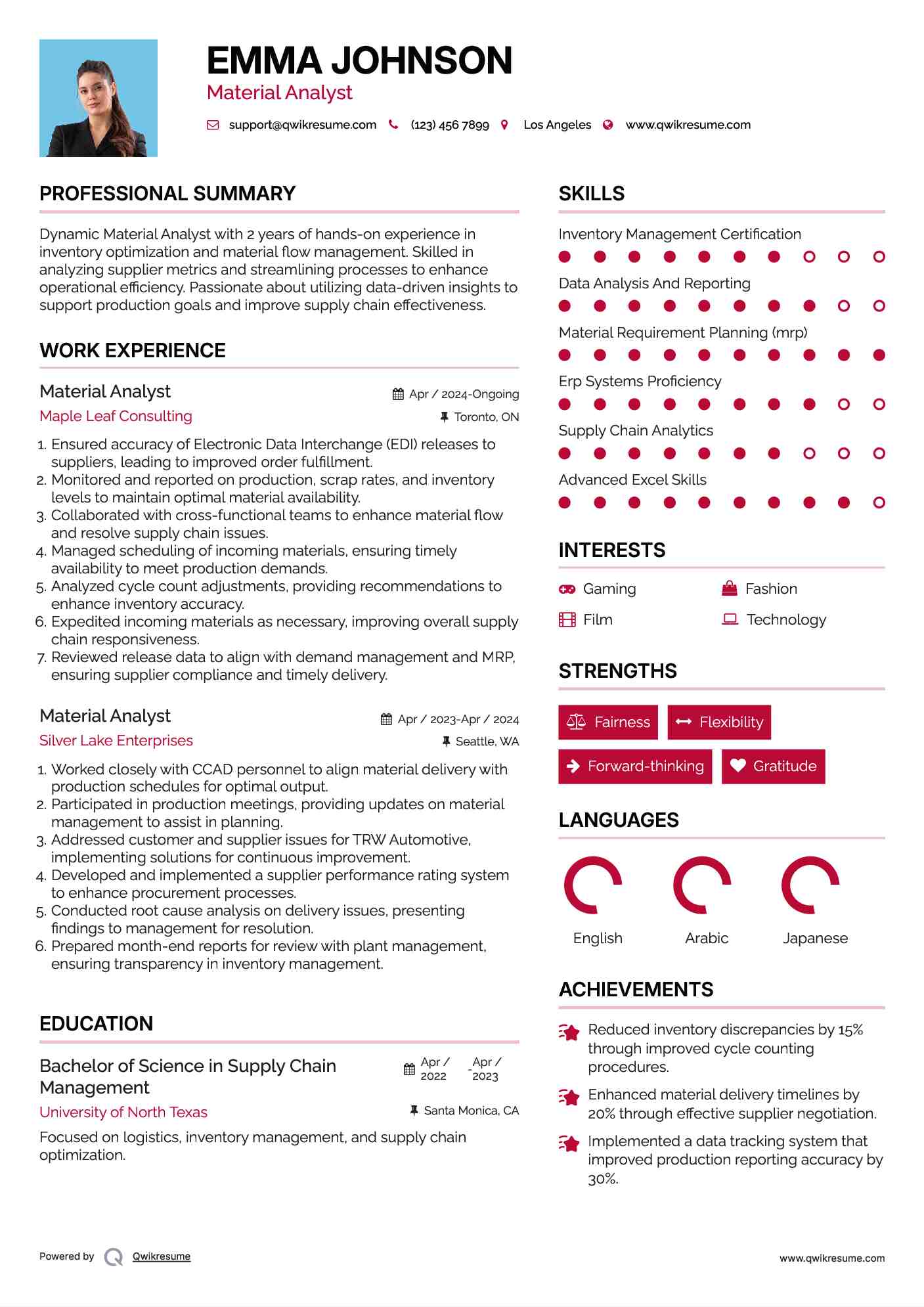 Material Analyst Resume Samples QwikResume