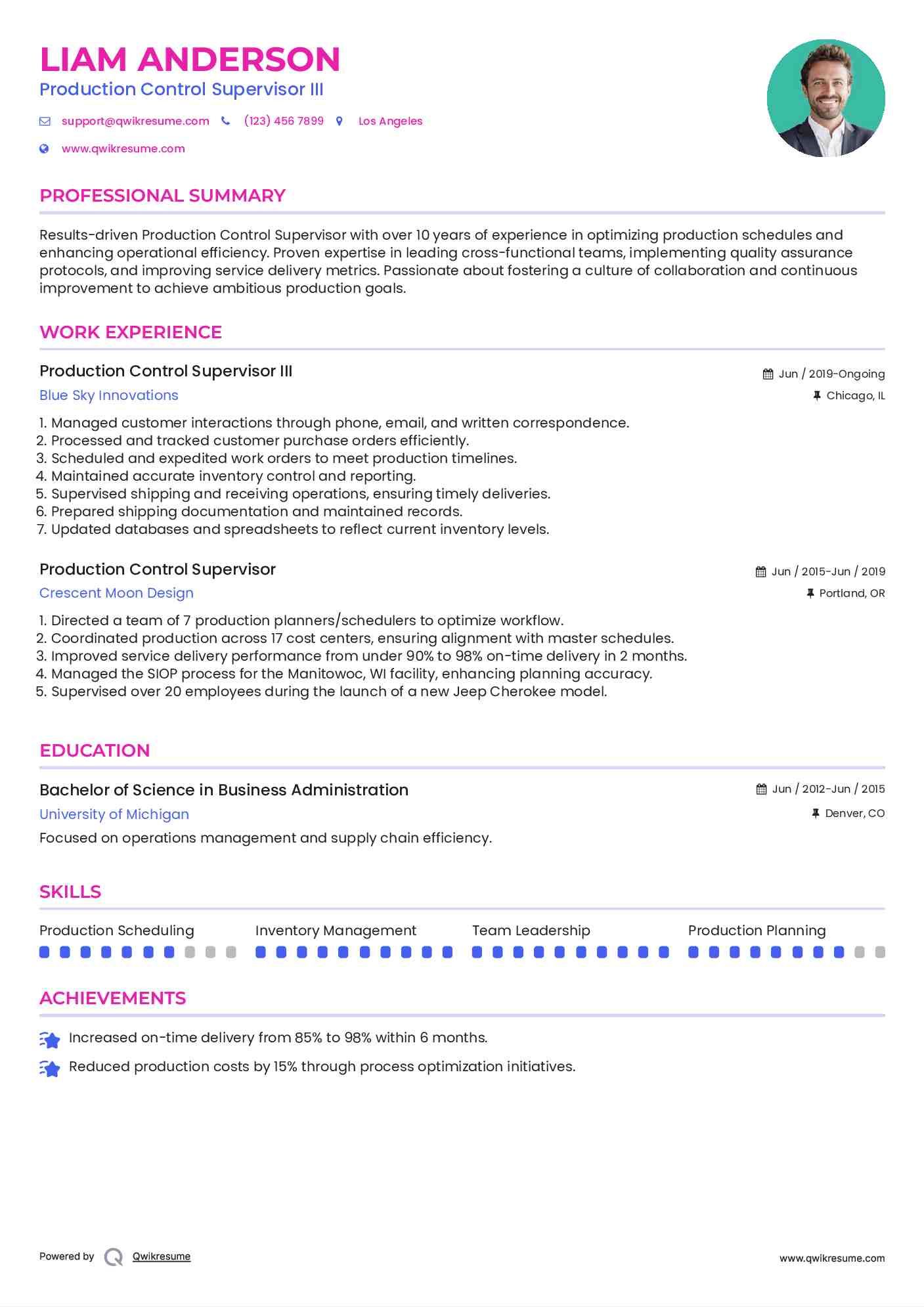 Production Control Supervisor III Resume Example