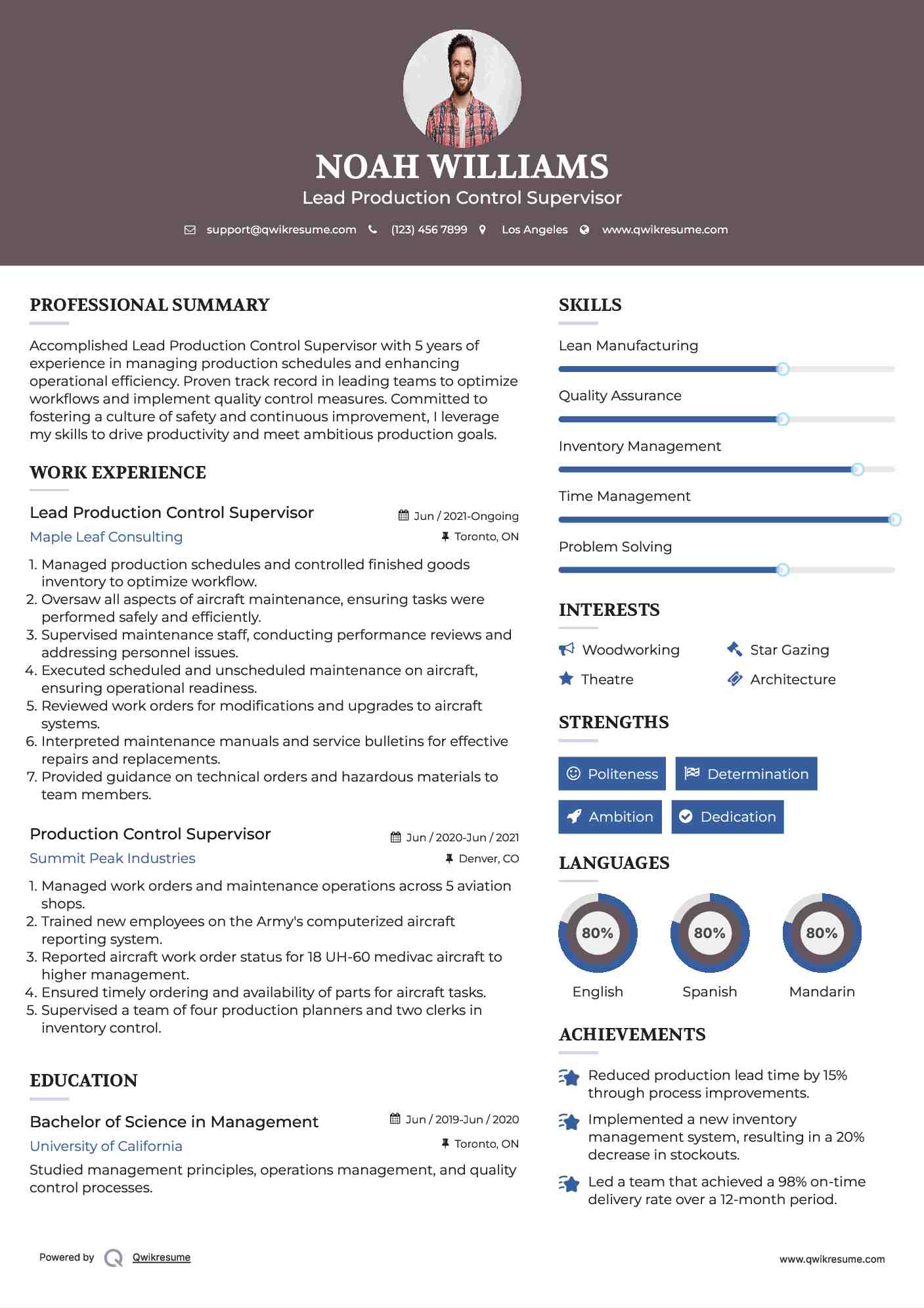 Lead Production Control Supervisor Resume Example