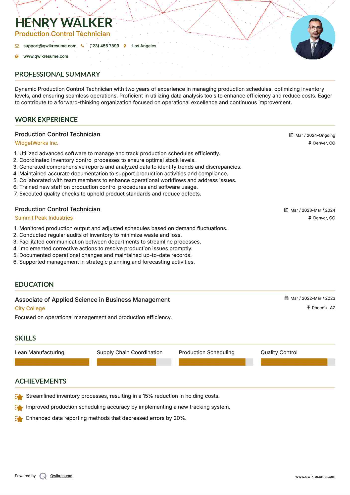 Production Control Technician Resume Sample