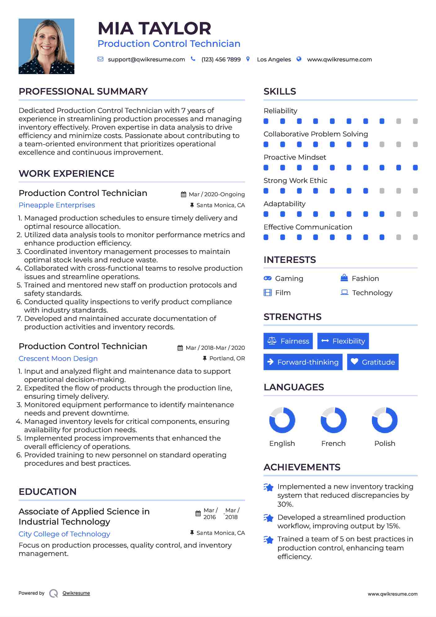 Production Control Technician Resume Model