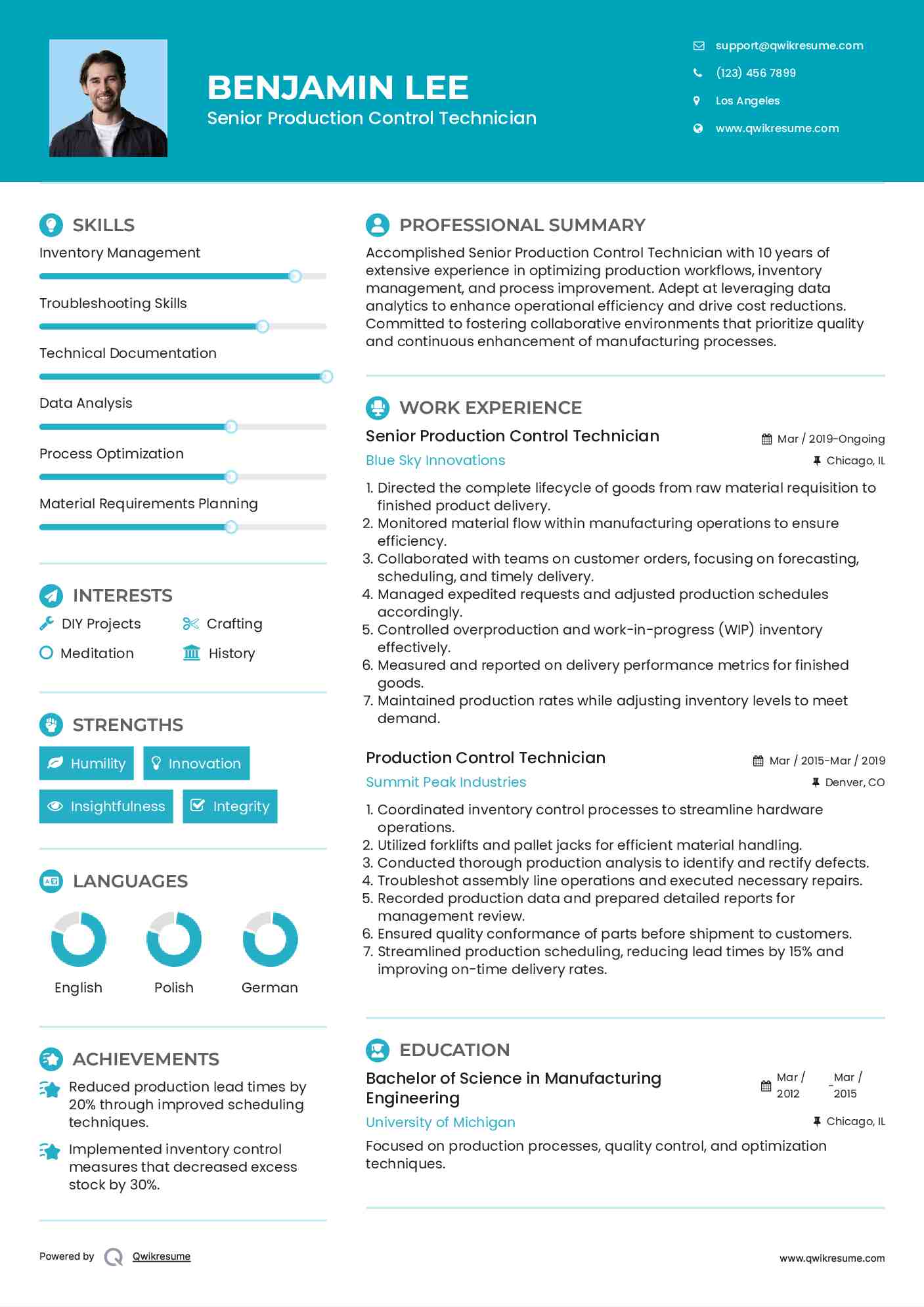 Senior Production Control Technician Resume Model