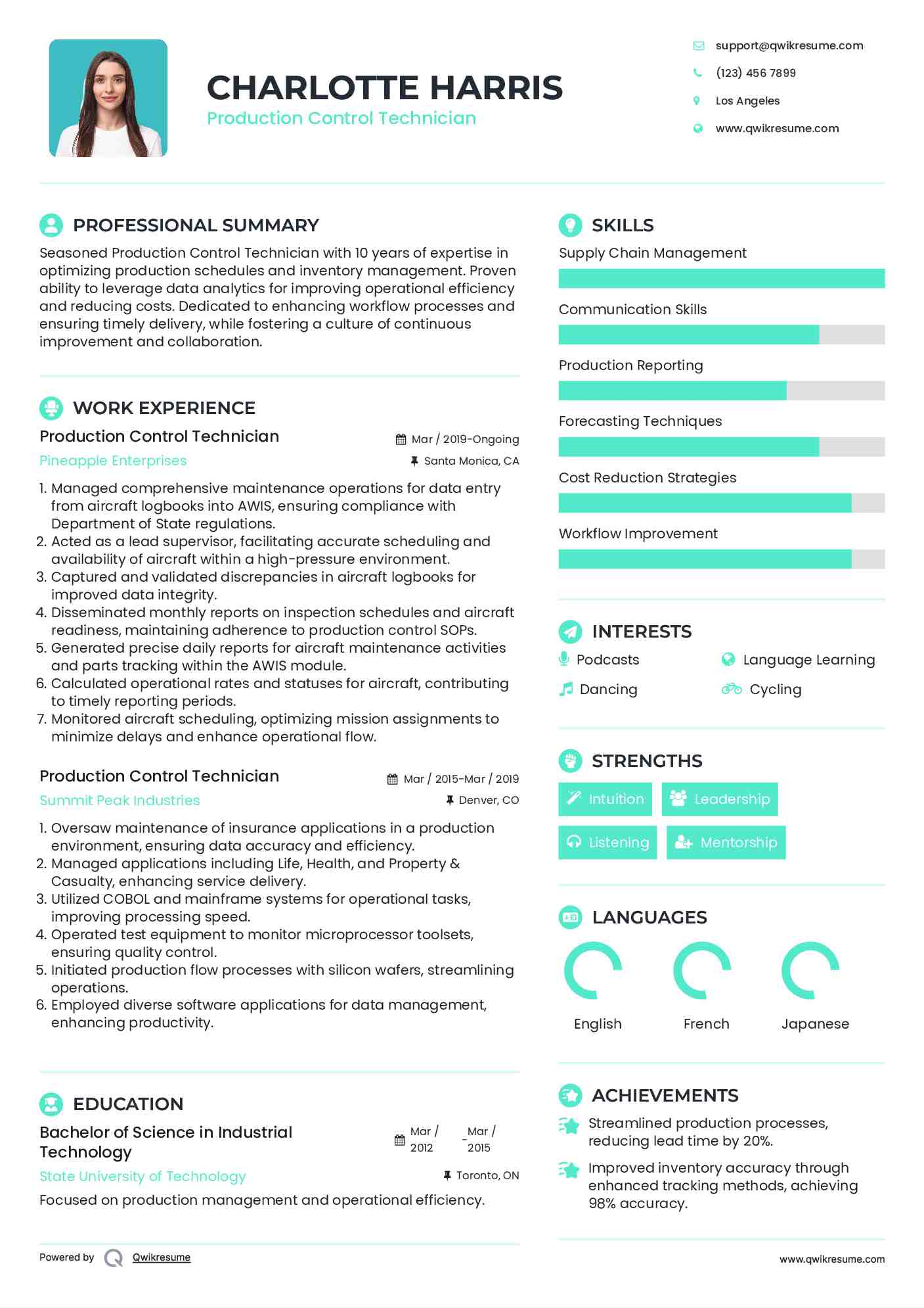 Production Control Technician Resume Example