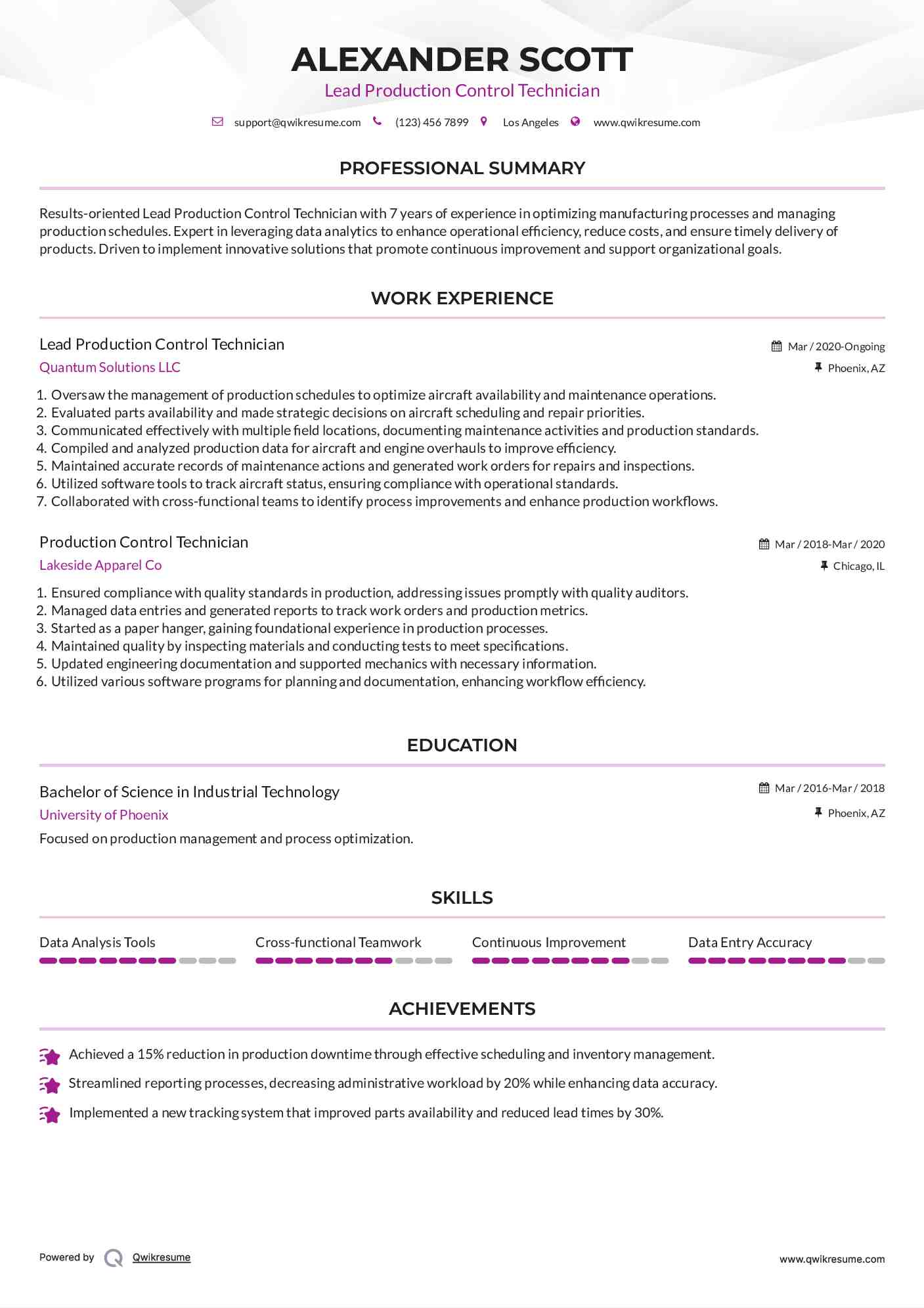 Lead Production Control Technician Resume Sample