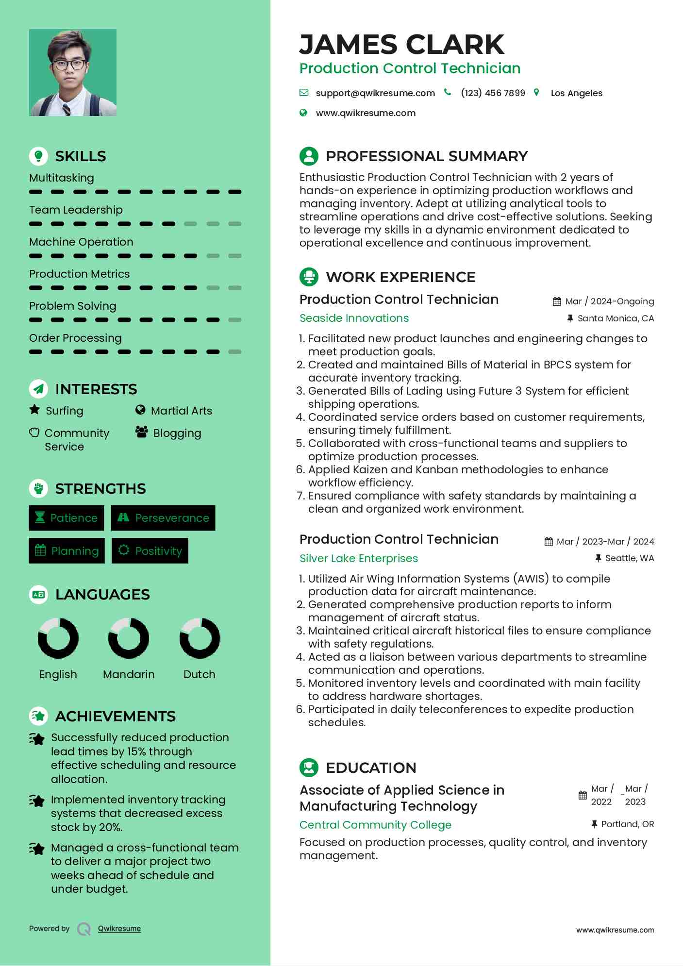 Production Control Technician Resume Template