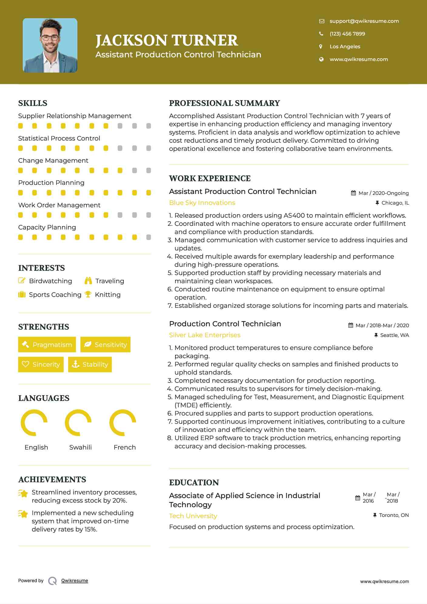 Assistant Production Control Technician Resume Example
