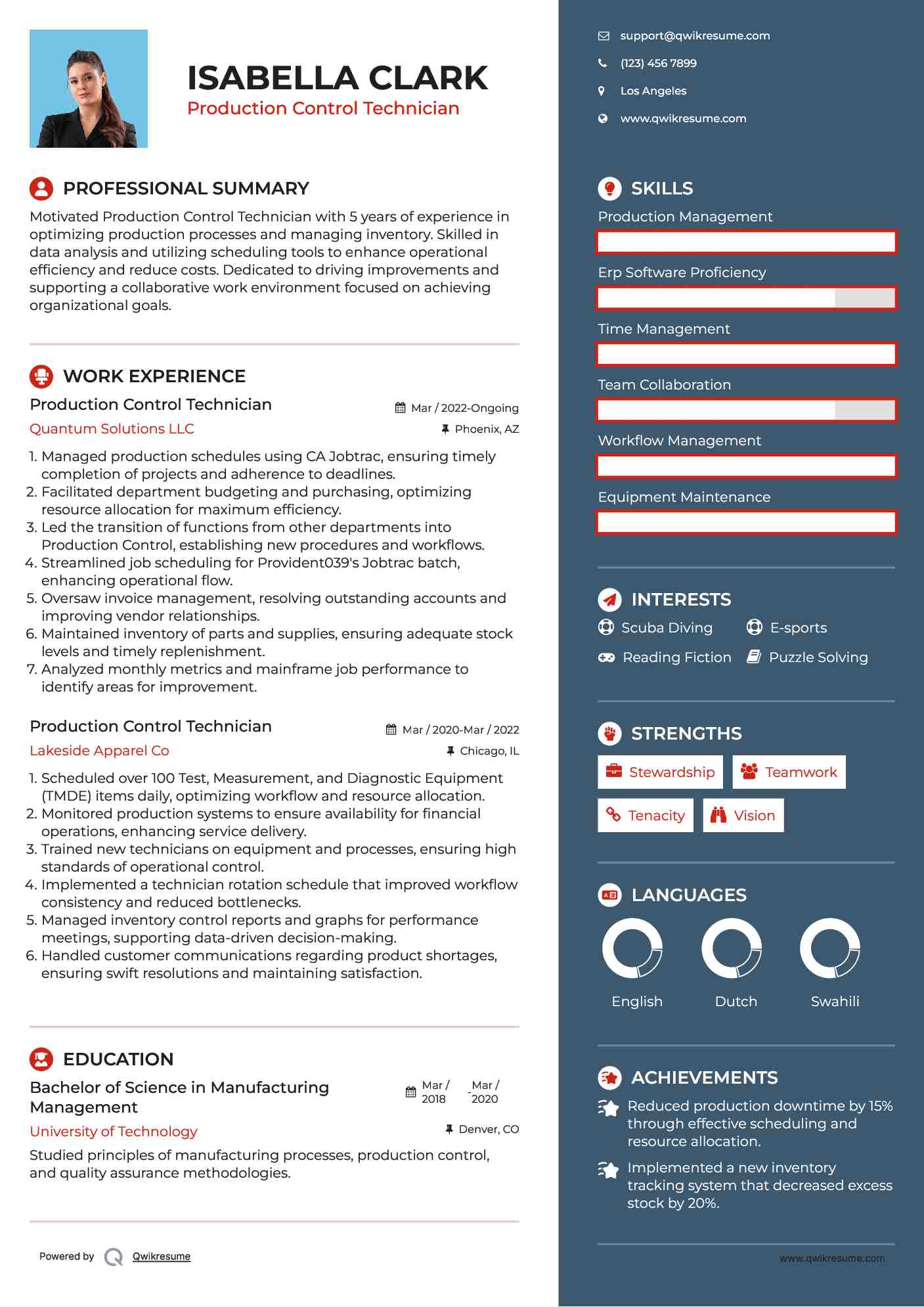 Production Control Technician Resume Example