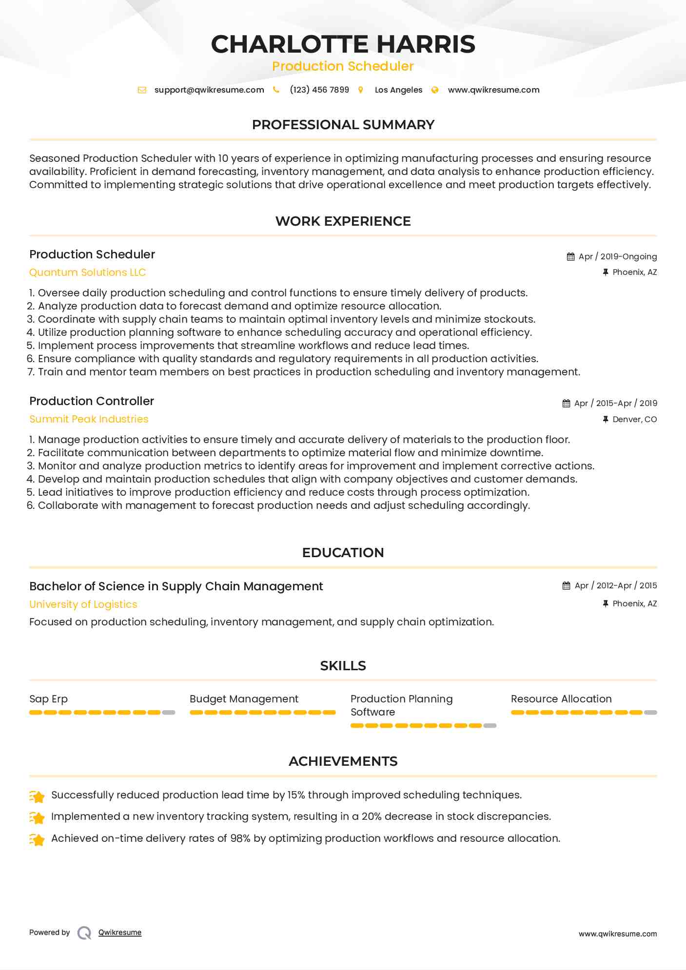 Production Scheduler Resume Model
