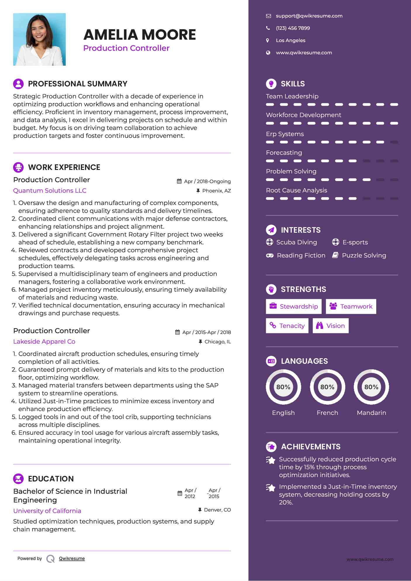 Production Controller Resume Example