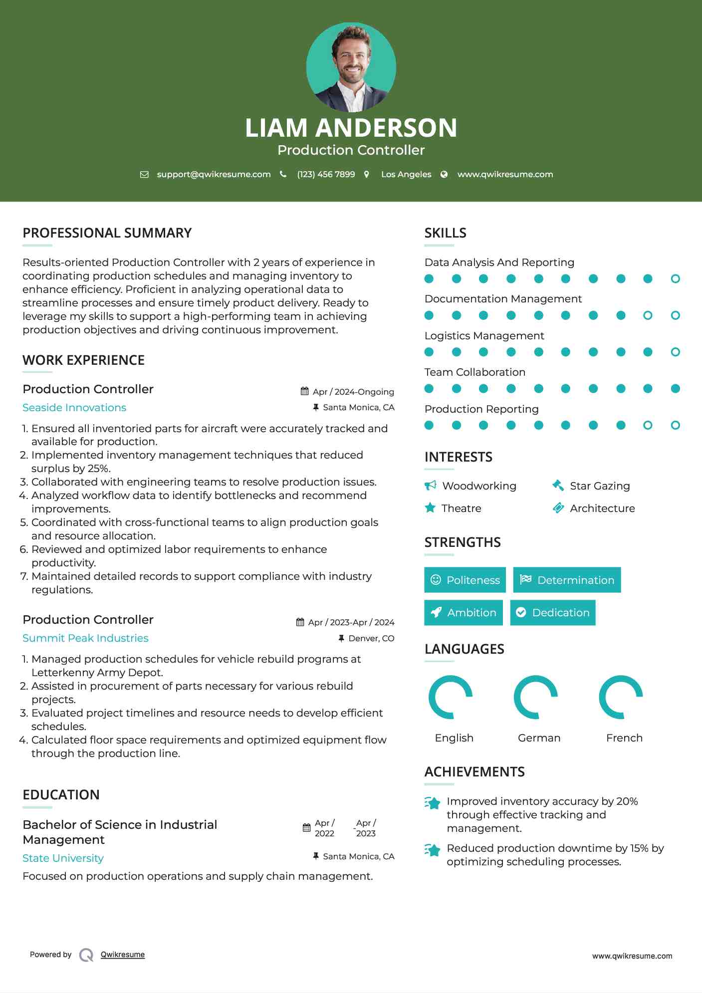 Production Controller Resume Template