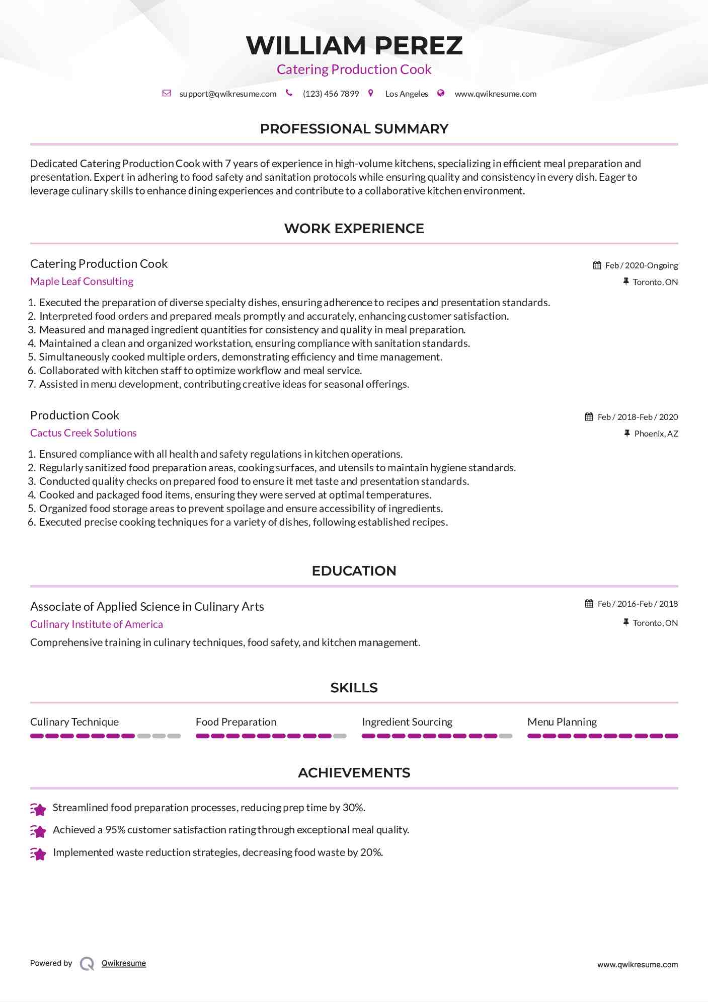 Catering Production Cook Resume Example