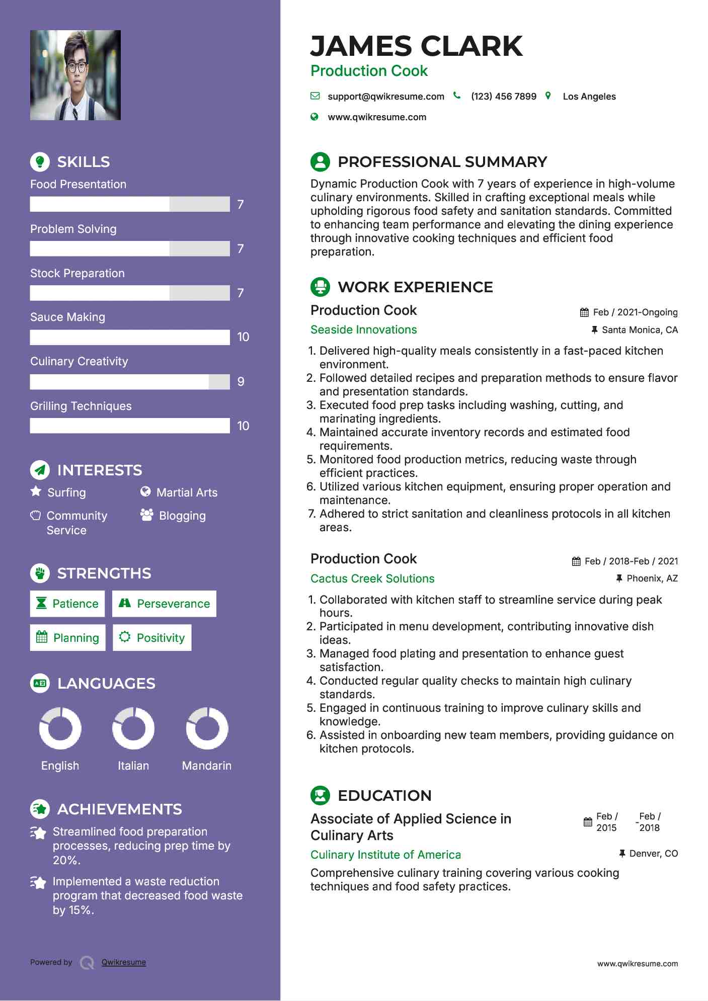 Production Cook Resume Example