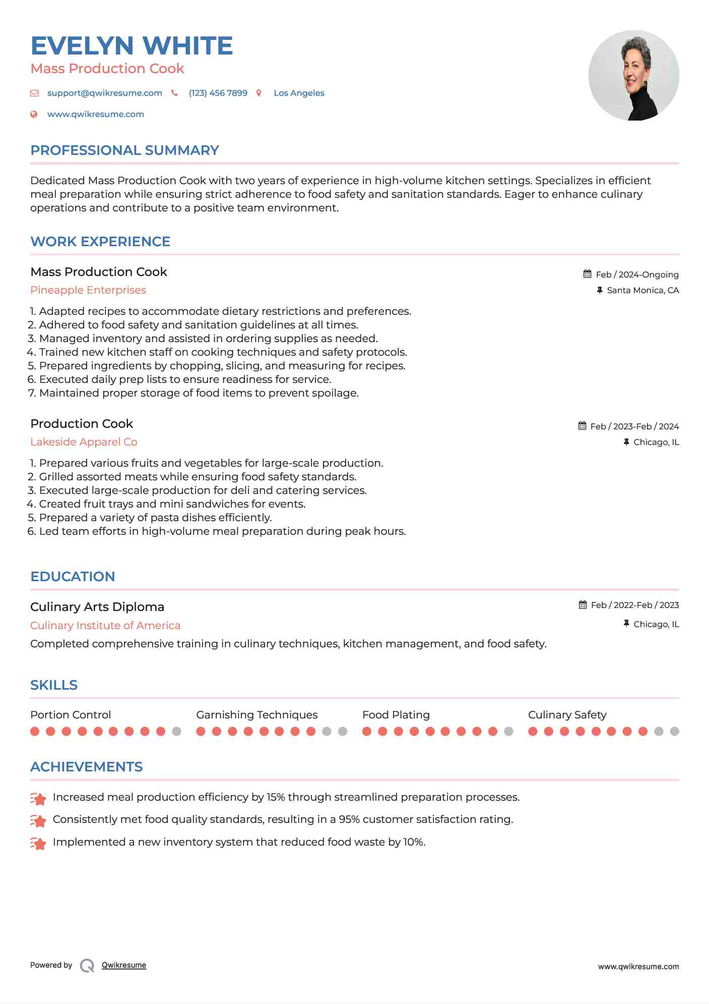 Mass Production Cook Resume Model