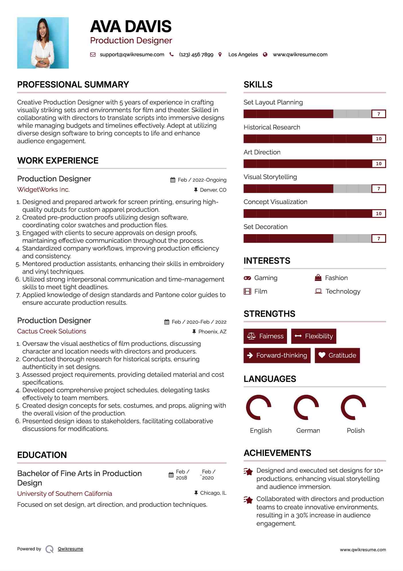 Production Designer Resume Samples QwikResume