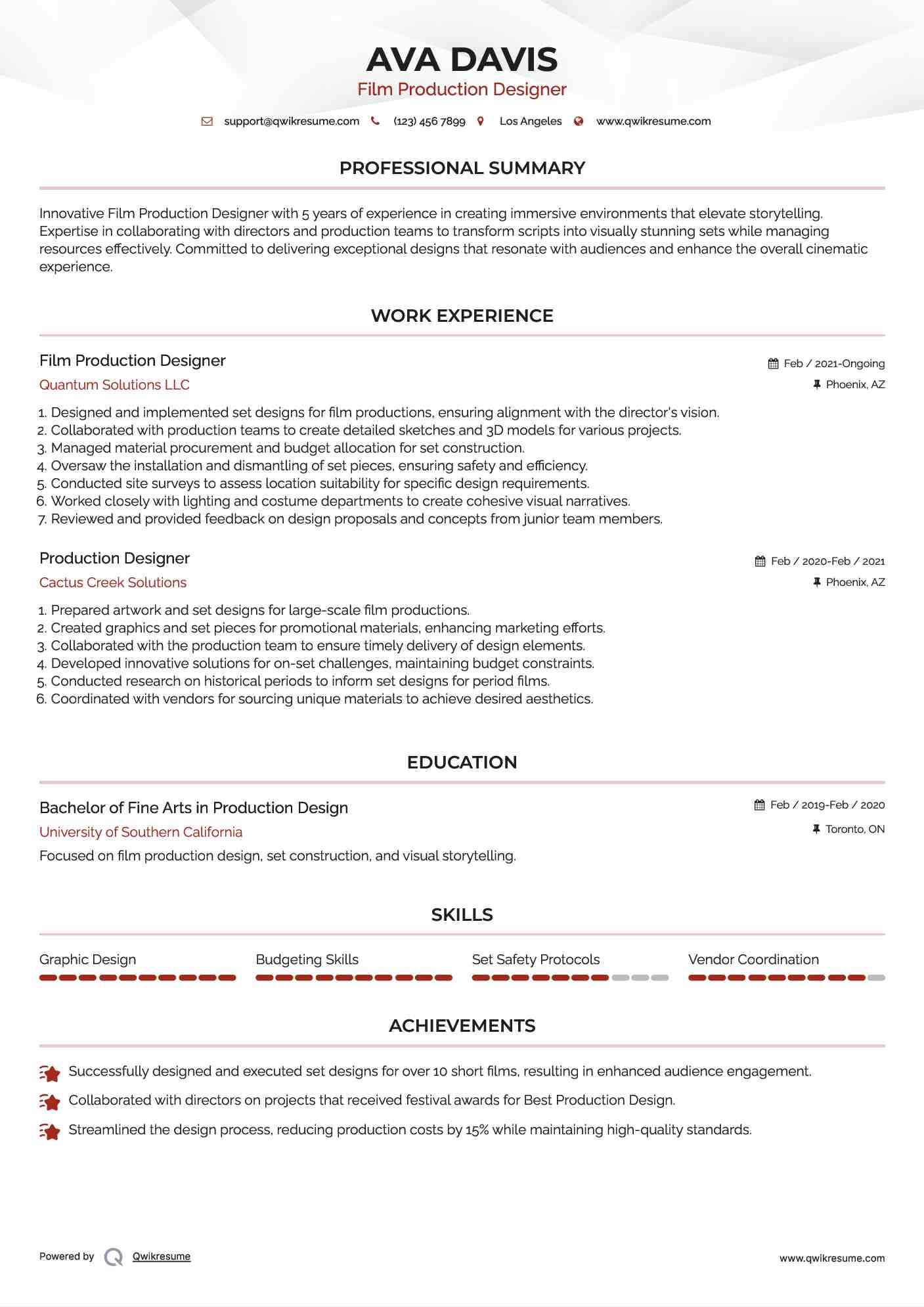 Film Production Designer Resume Sample