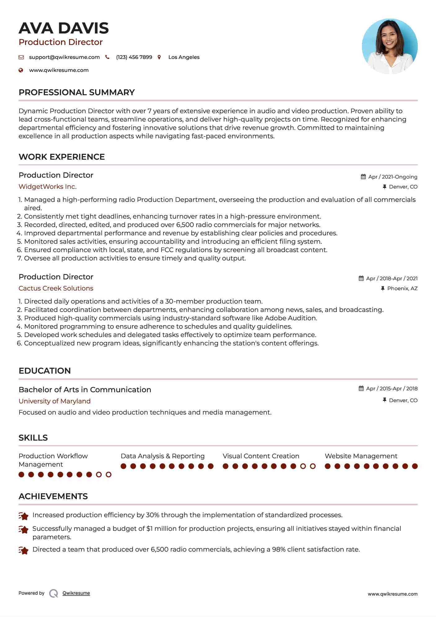 Production Director Resume Example