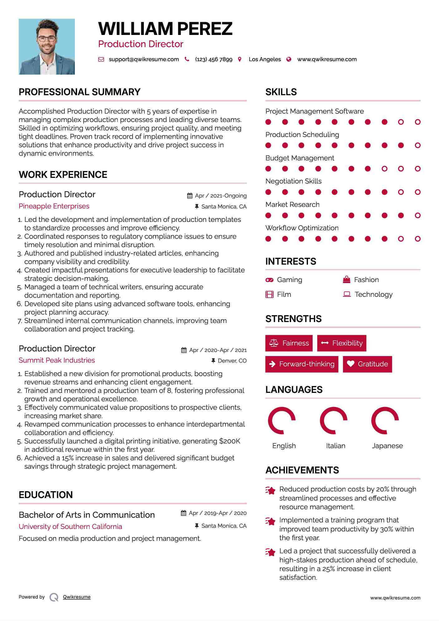 Production Director Resume Sample