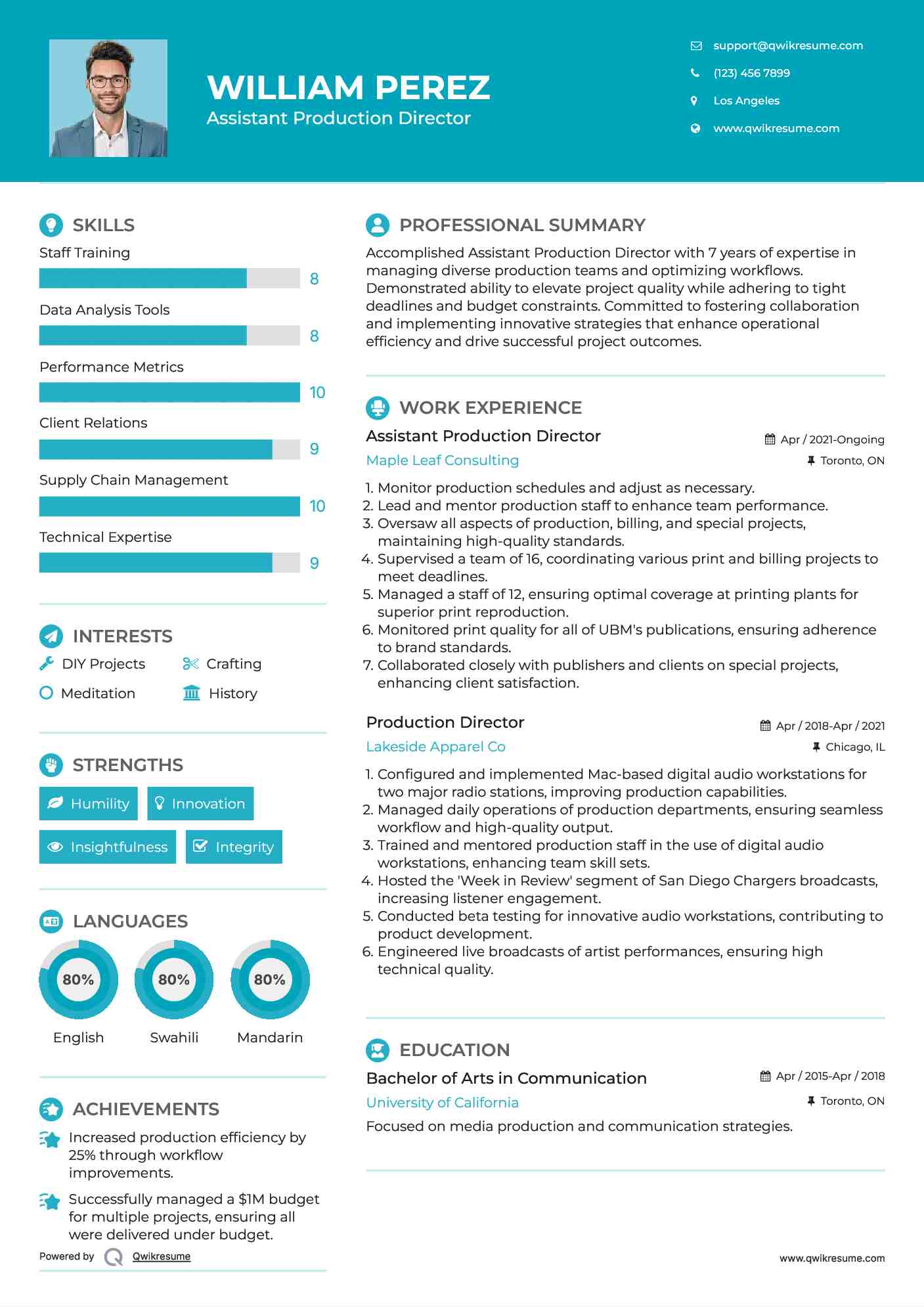 Assistant Production Director Resume Sample