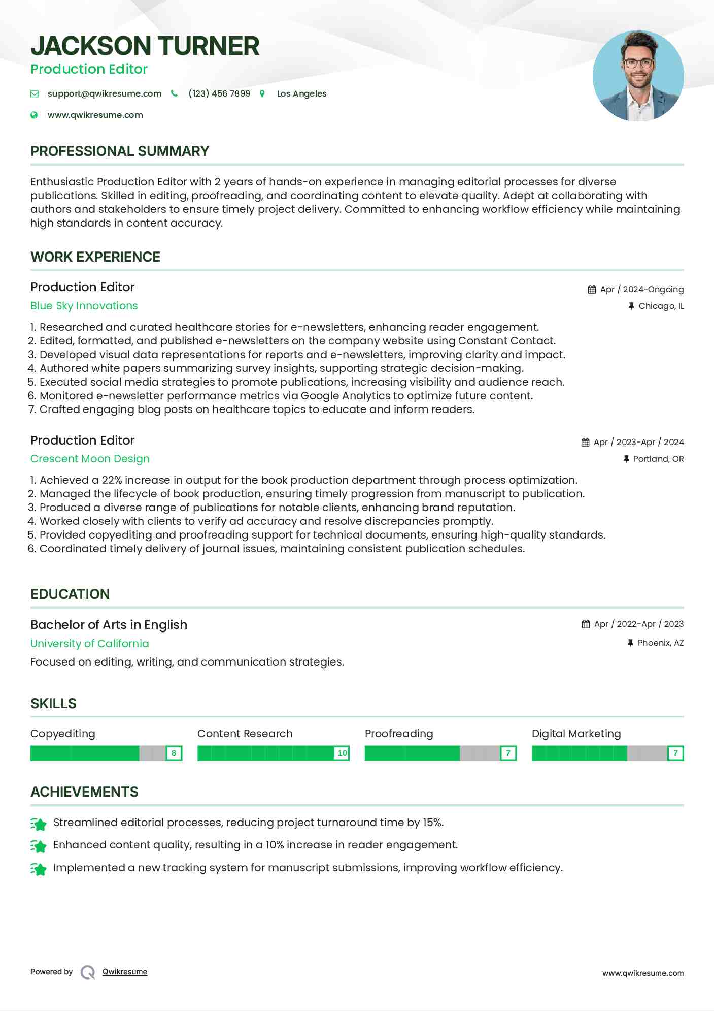 Production Editor Resume Model