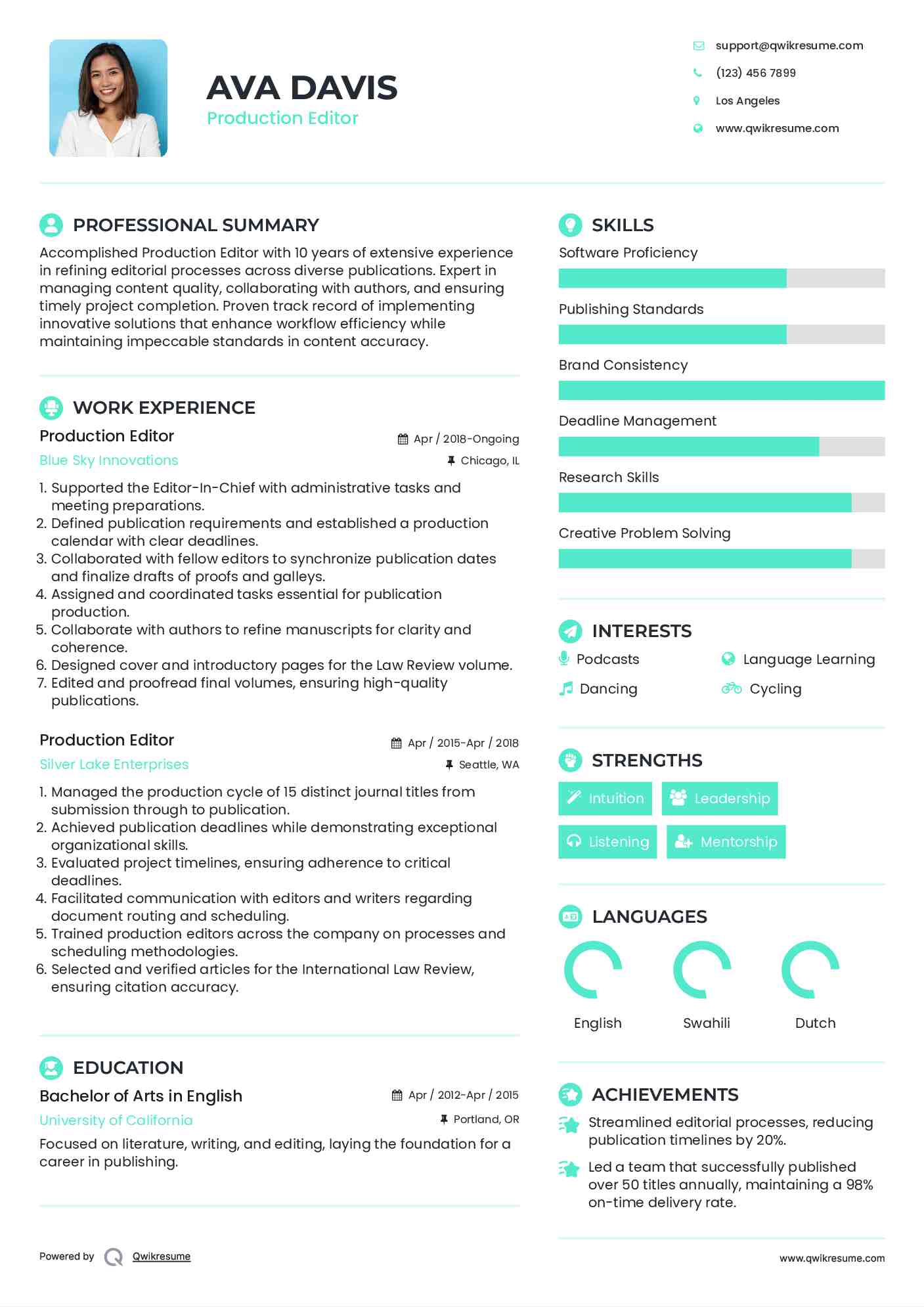 Production Editor Resume Template