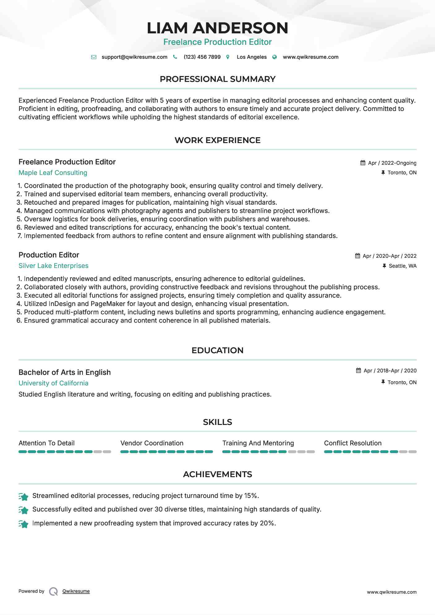 Freelance Production Editor Resume Sample