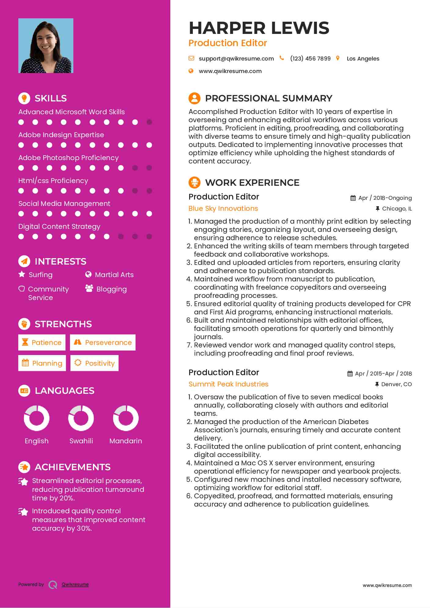 Production Editor Resume Sample