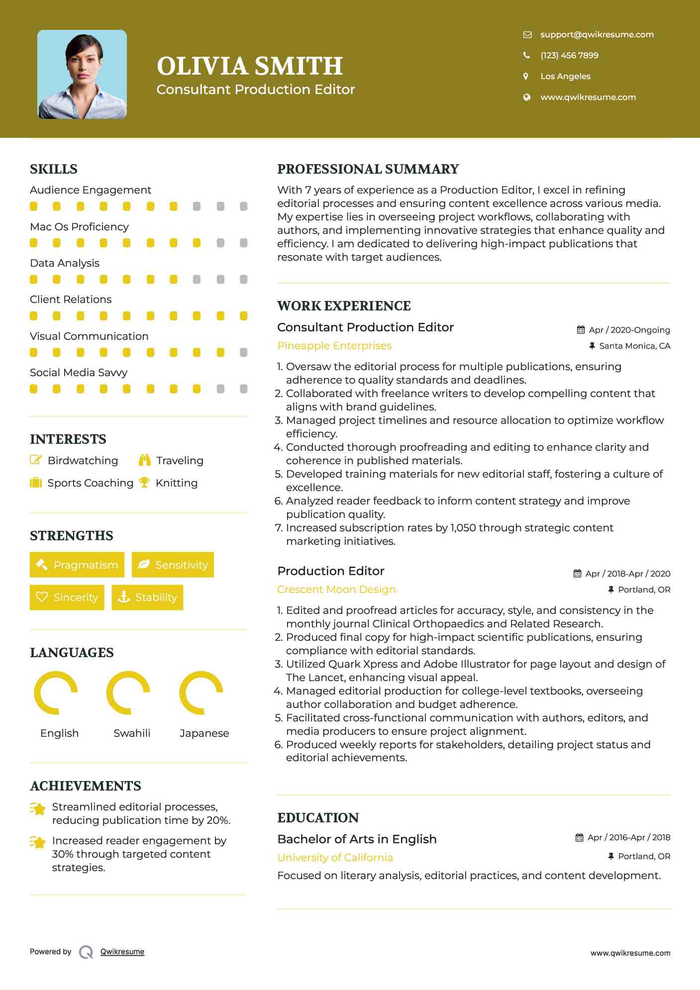 Consultant Production Editor Resume Model