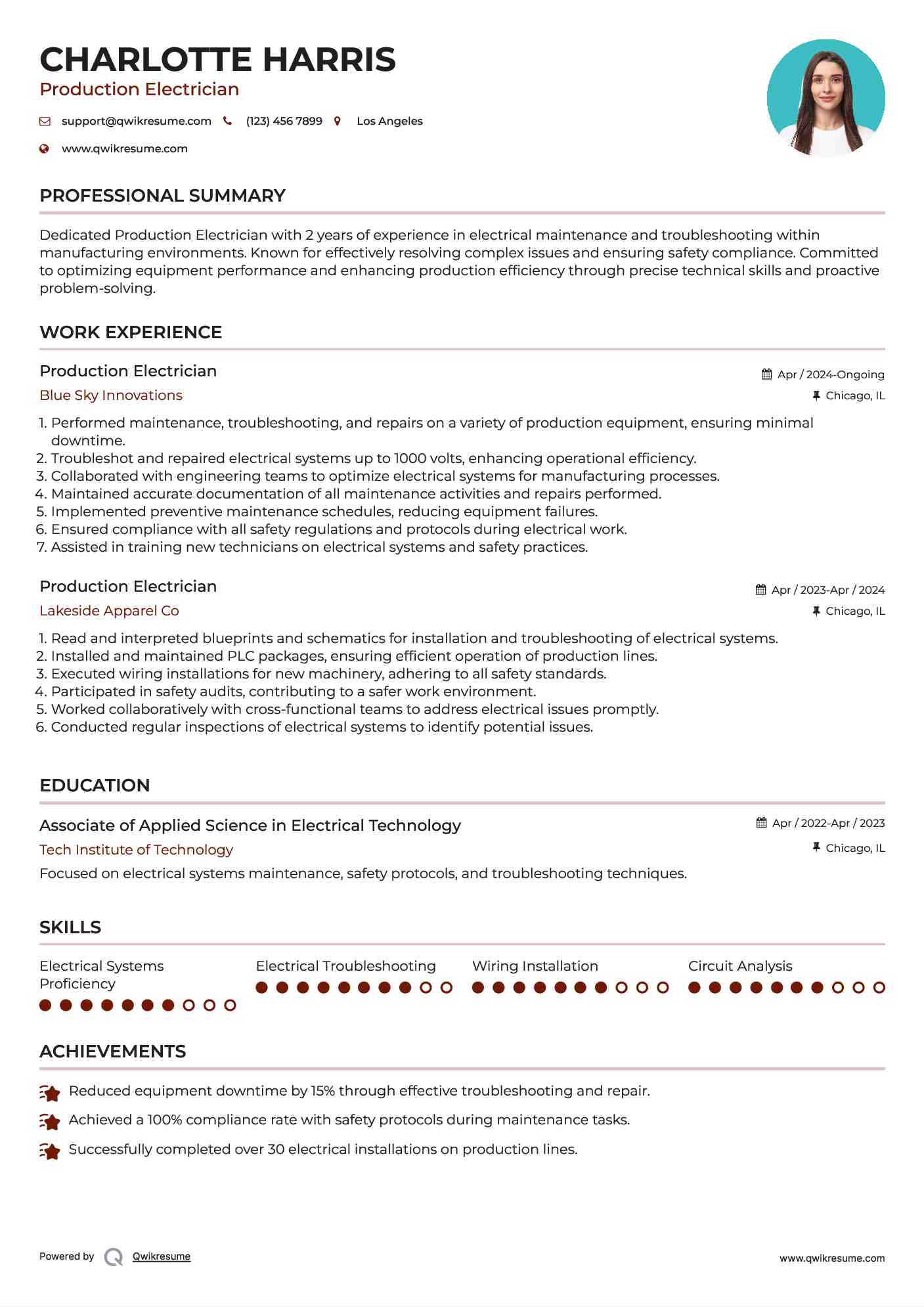 Production Electrician Resume Sample