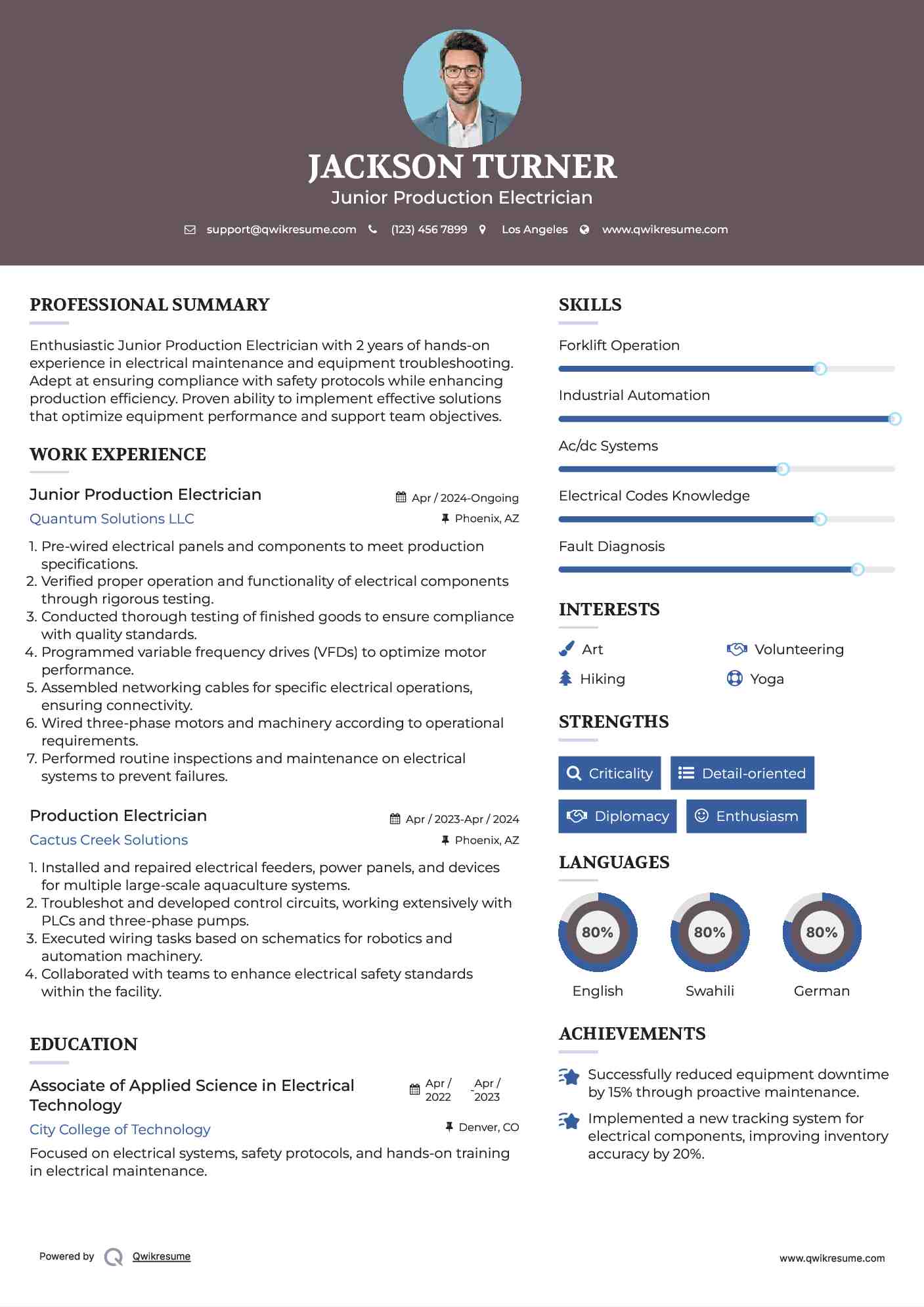 Junior Production Electrician Resume Sample