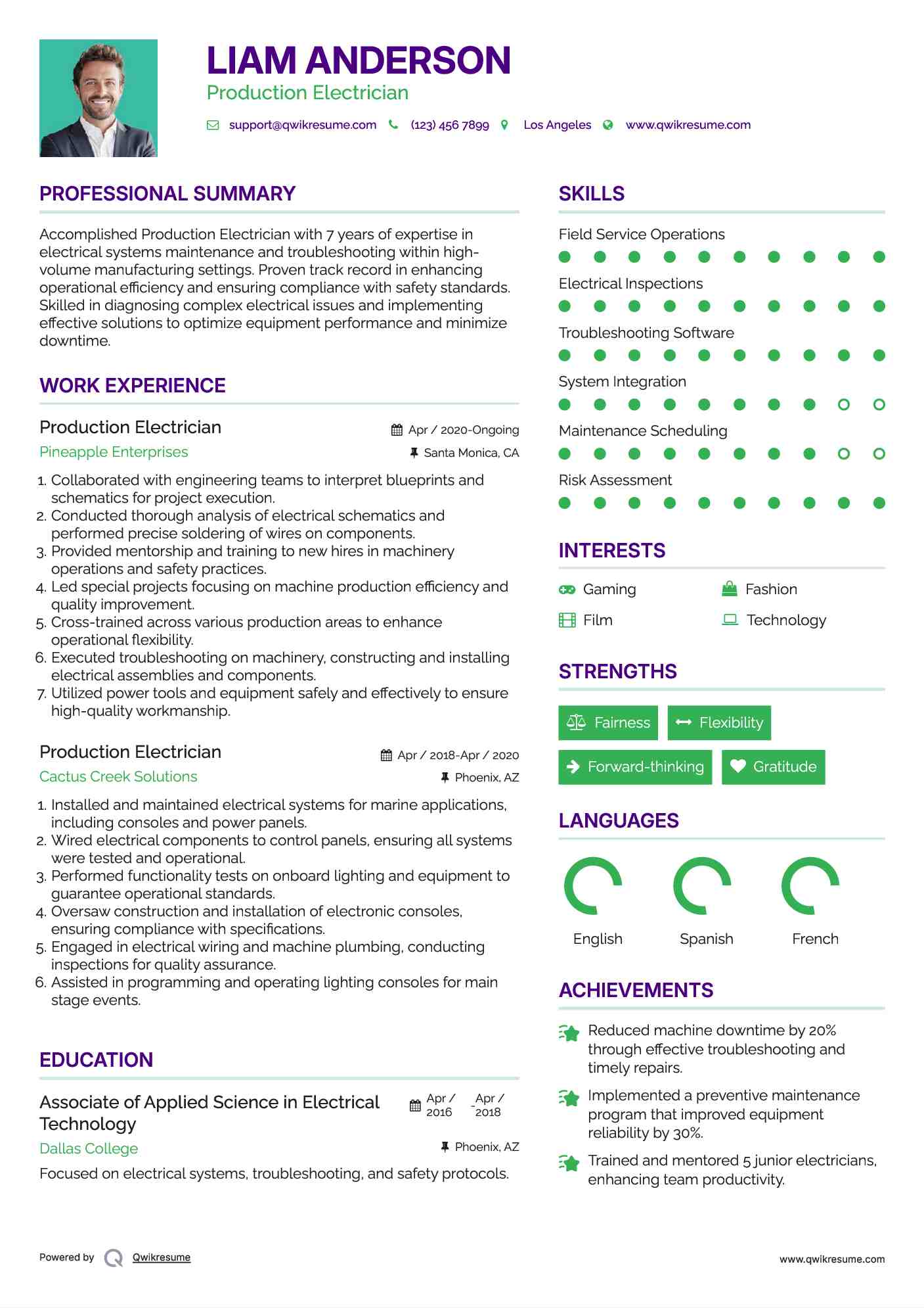 Production Electrician Resume Example