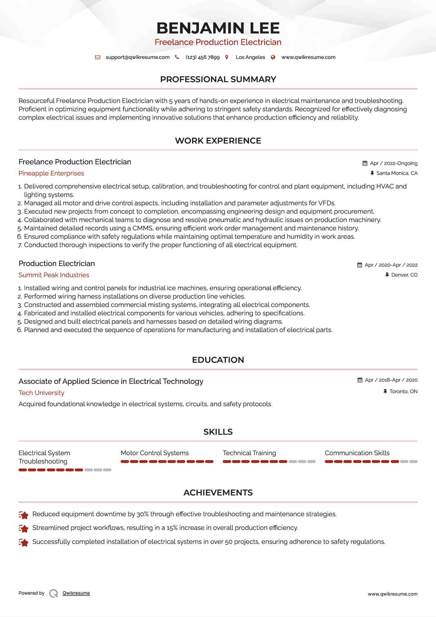 Freelance Production Electrician Resume Model