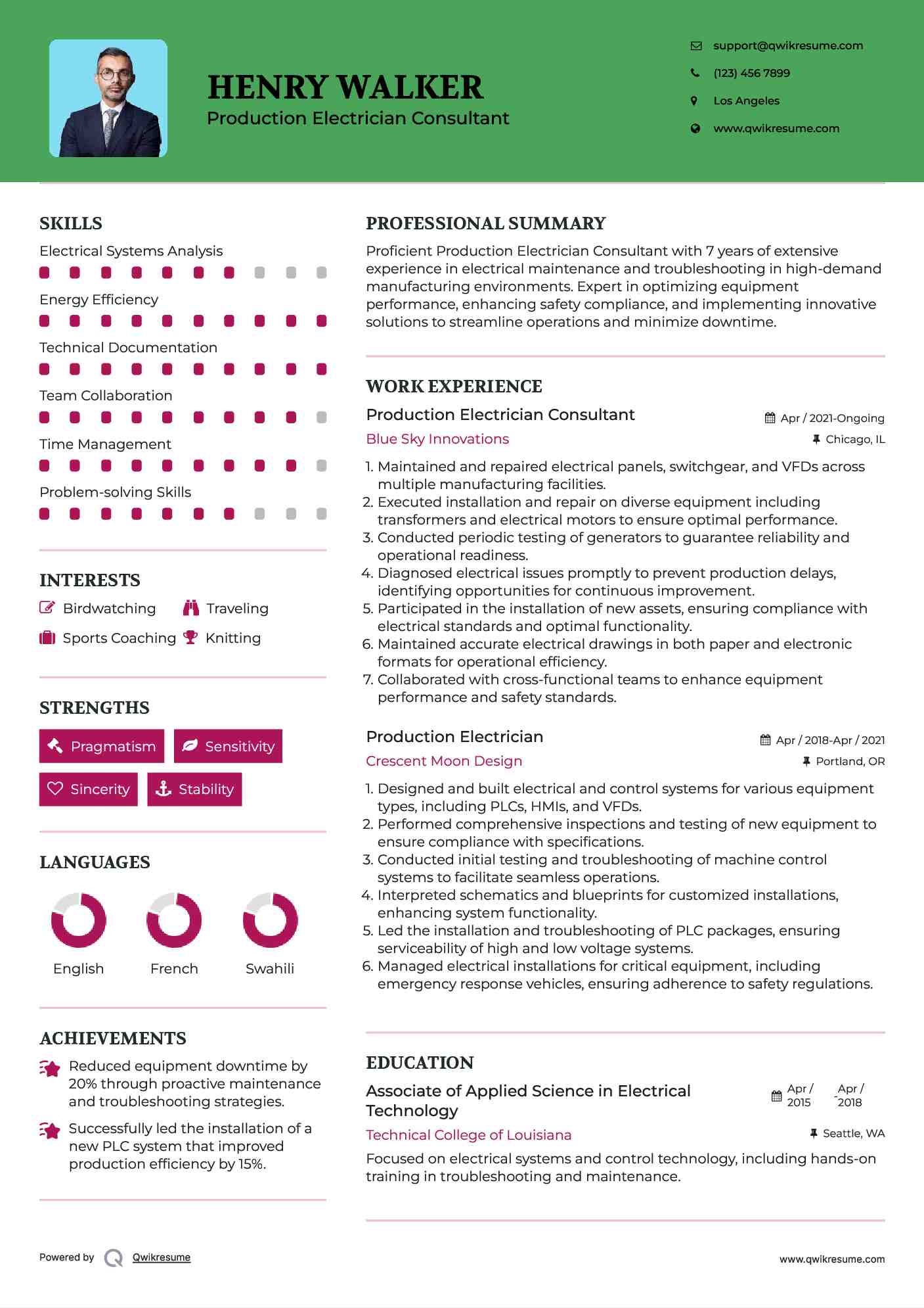 Production Electrician Consultant Resume Format