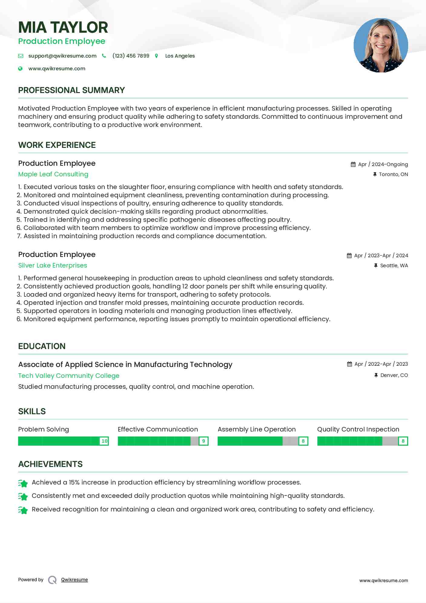 Production Employee Resume Template