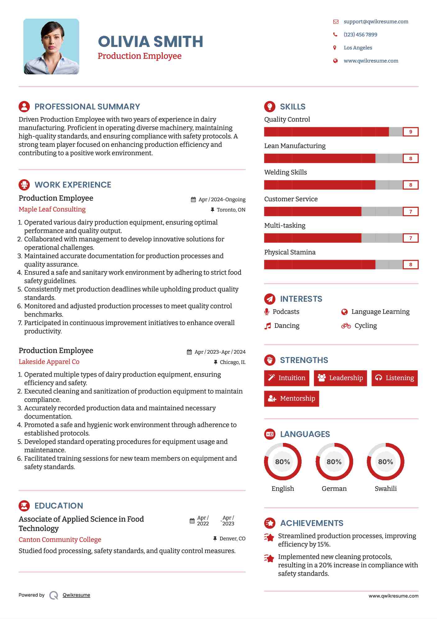 Production Employee Resume Example