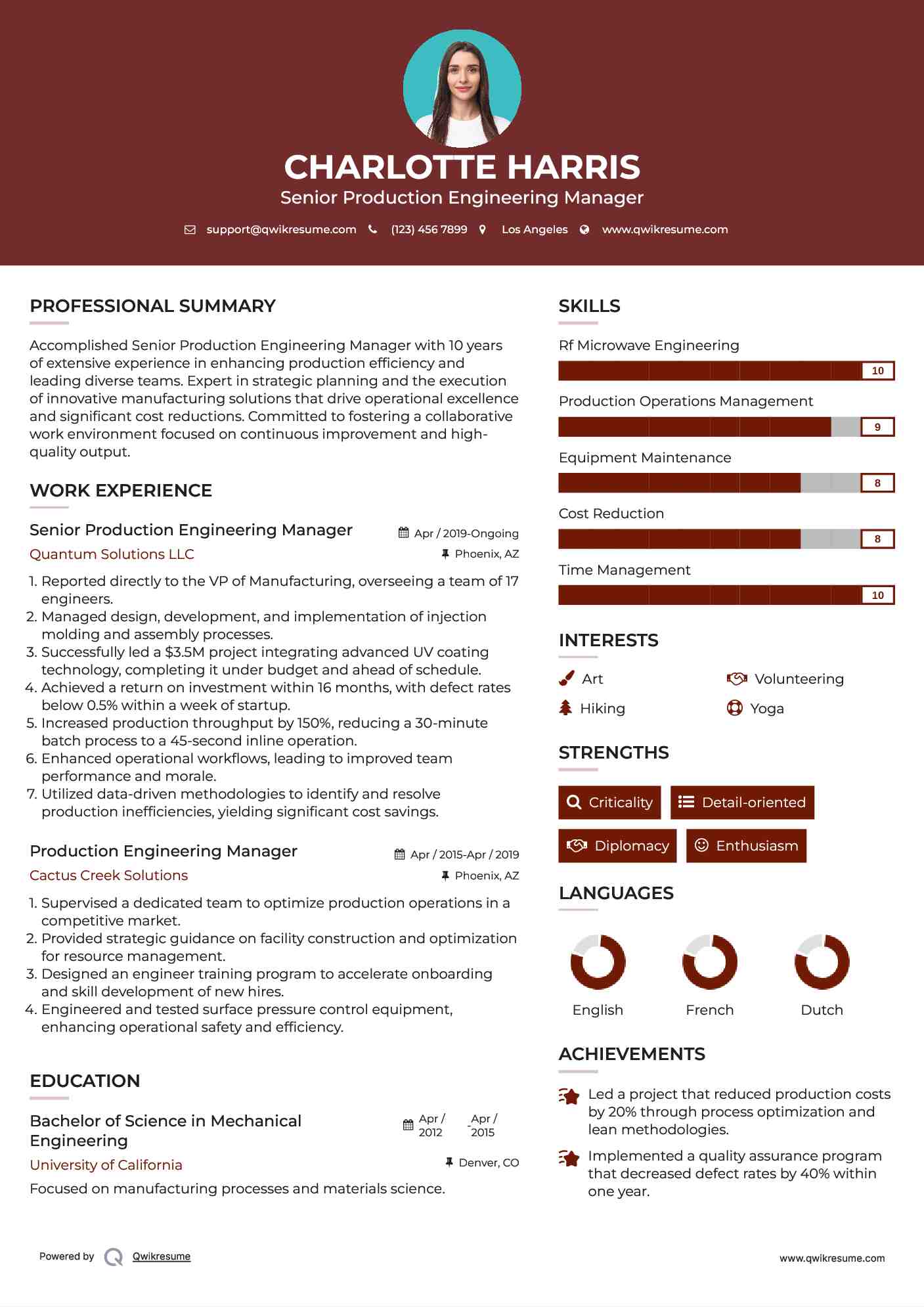 Production Engineering Manager Resume Samples QwikResume