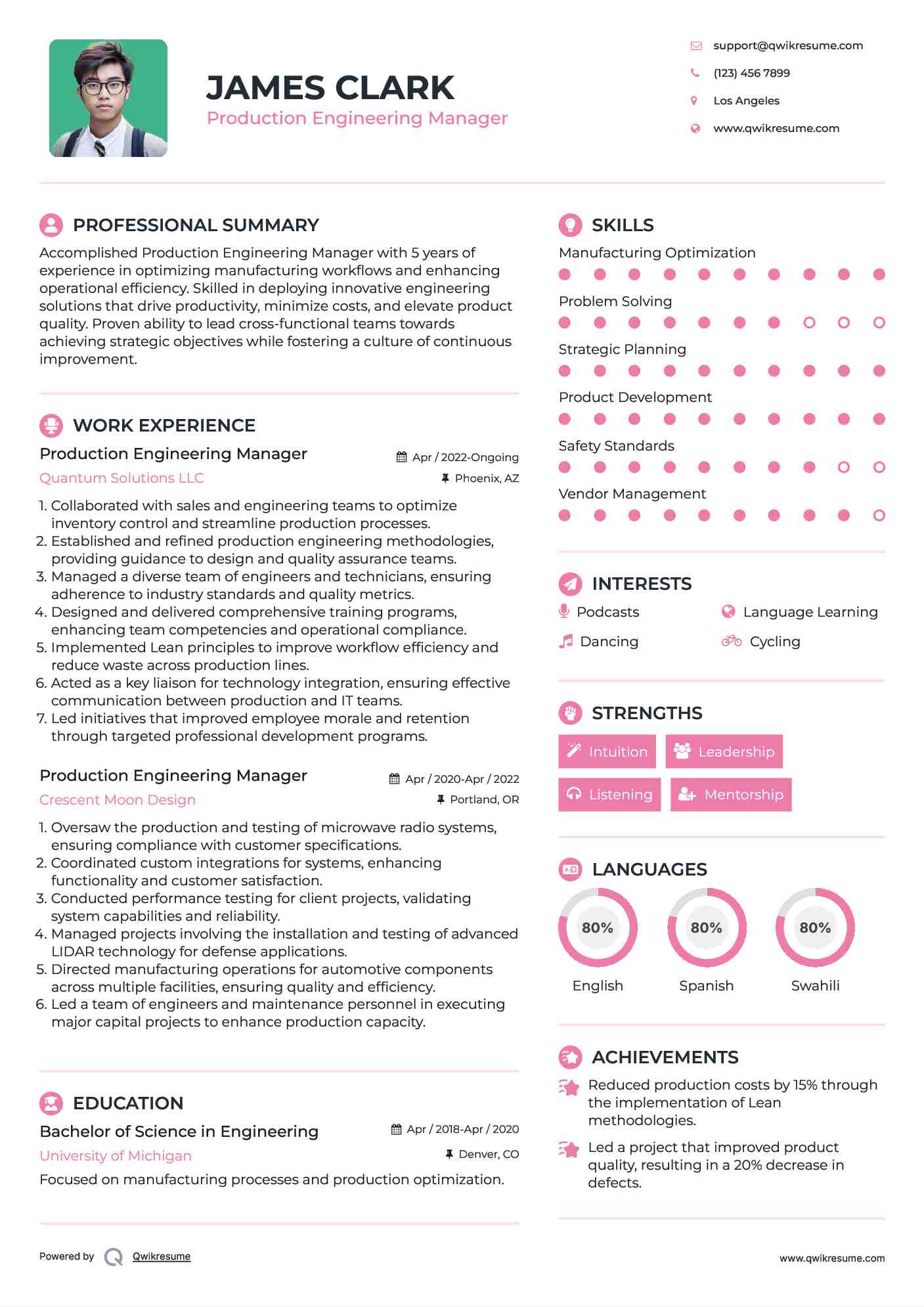 Production Engineering Manager Resume Sample