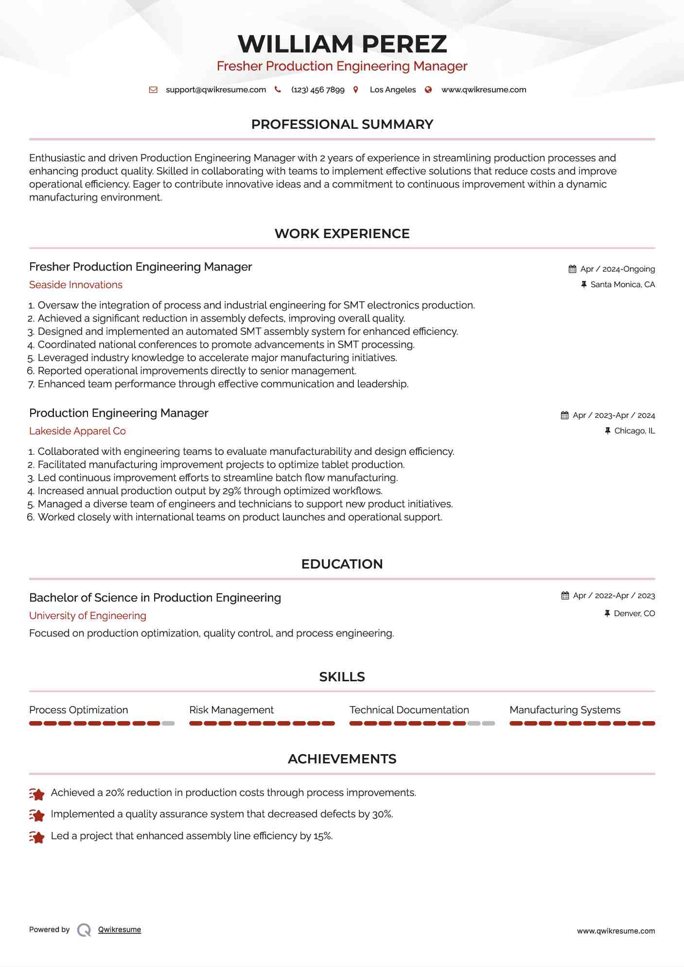 Fresher Production Engineering Manager Resume Example