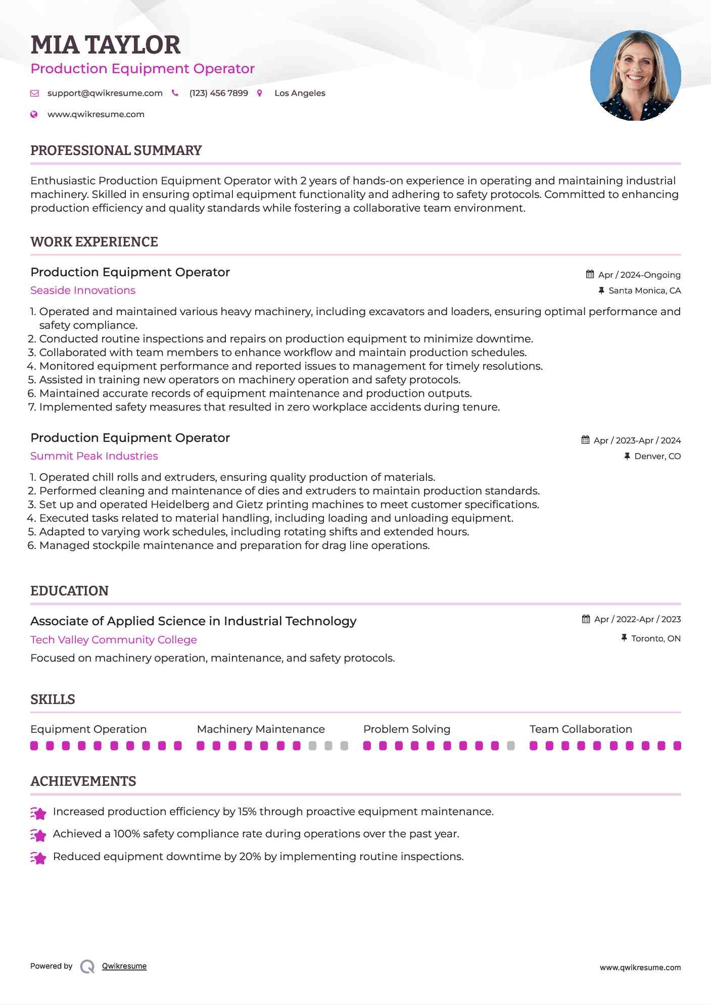 Production Equipment Operator Resume Model