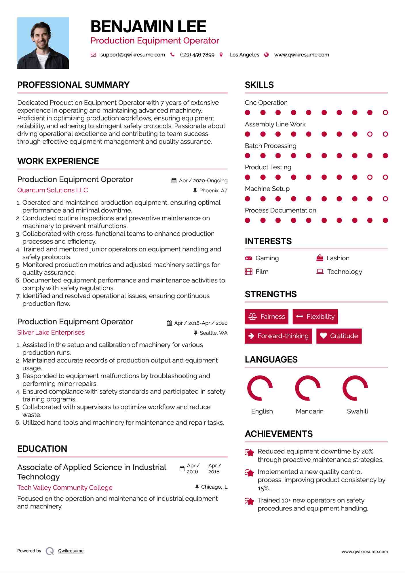 Production Equipment Operator Resume Model