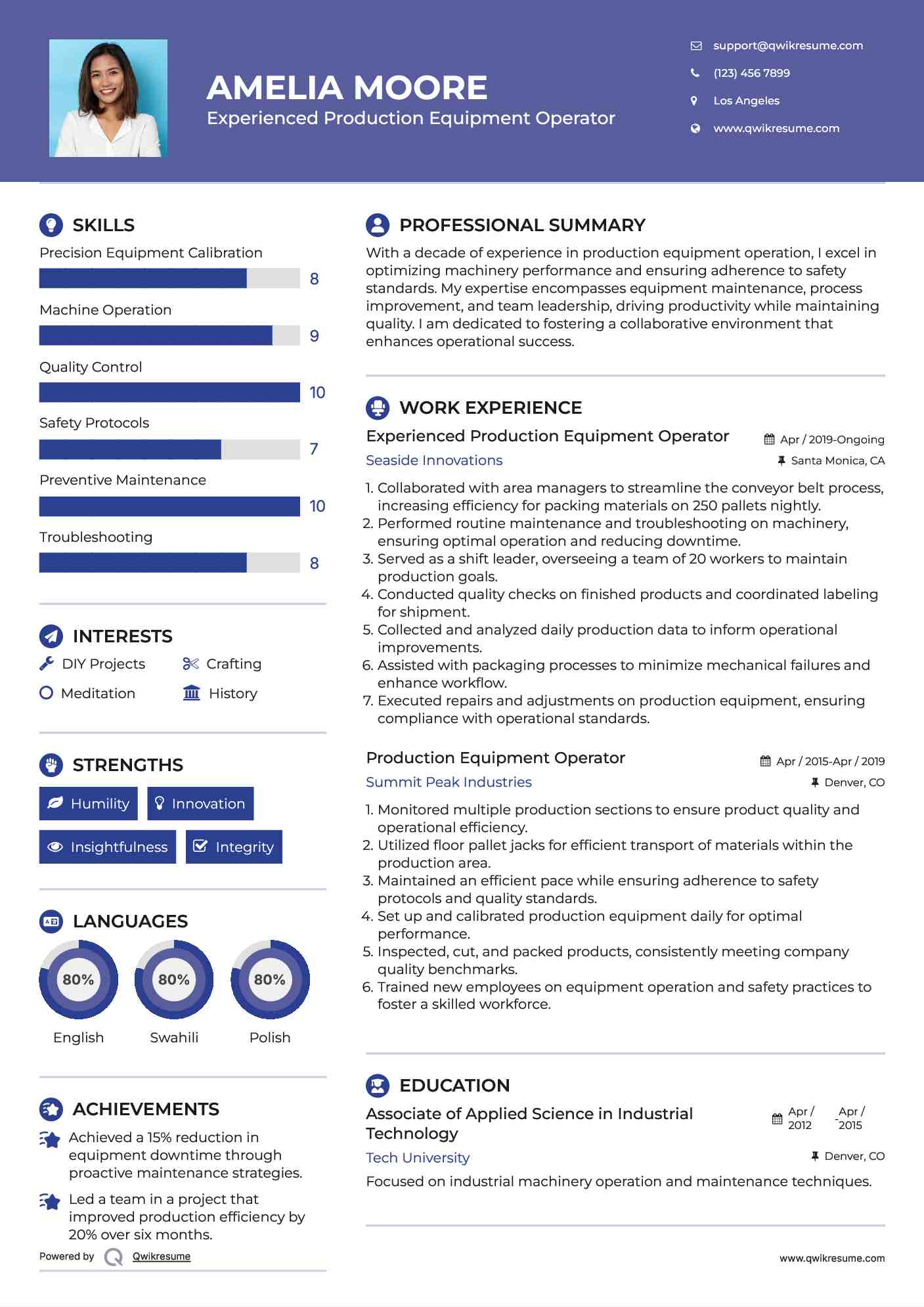 Experienced Production Equipment Operator Resume Format