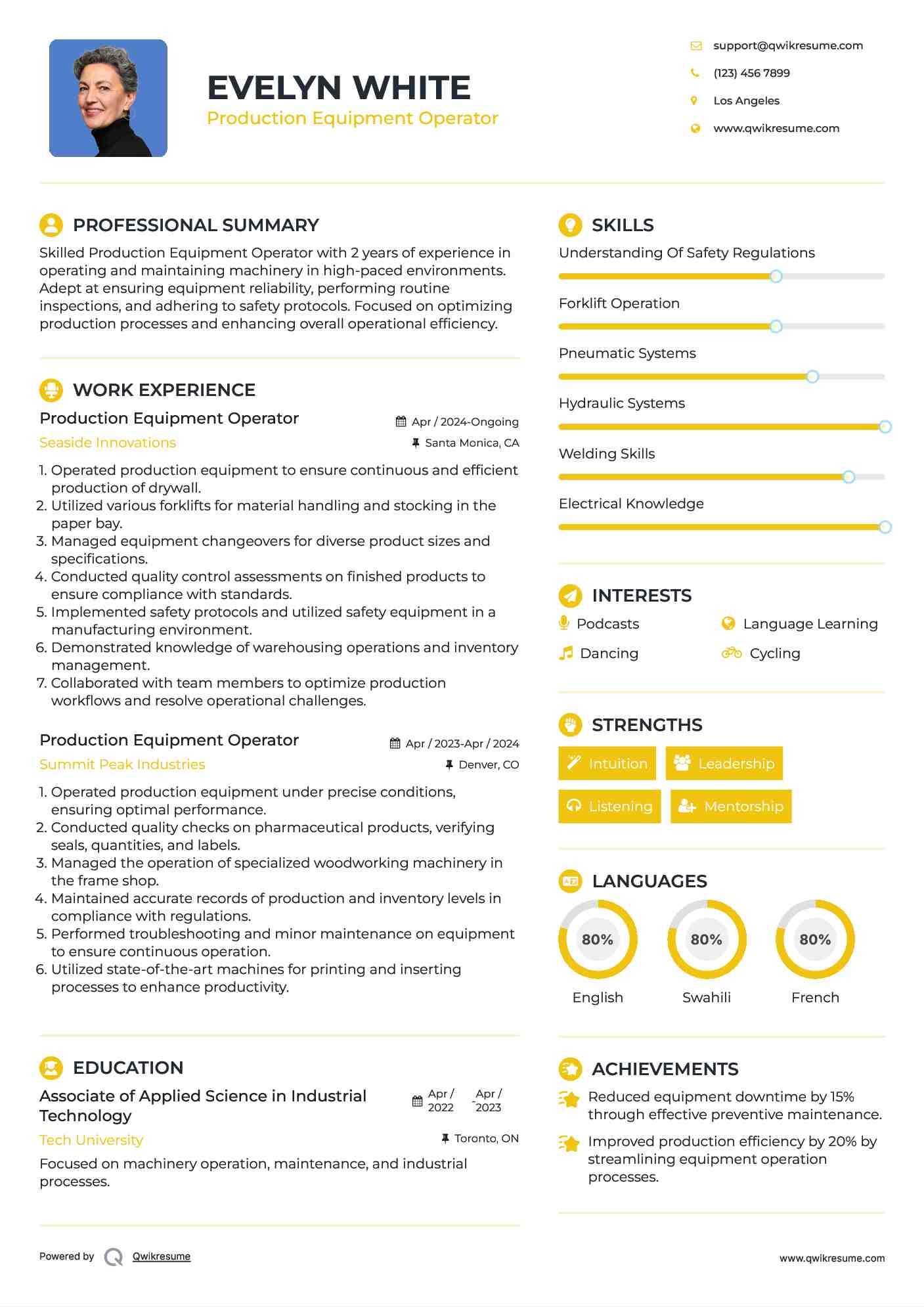 Production Equipment Operator Resume Model