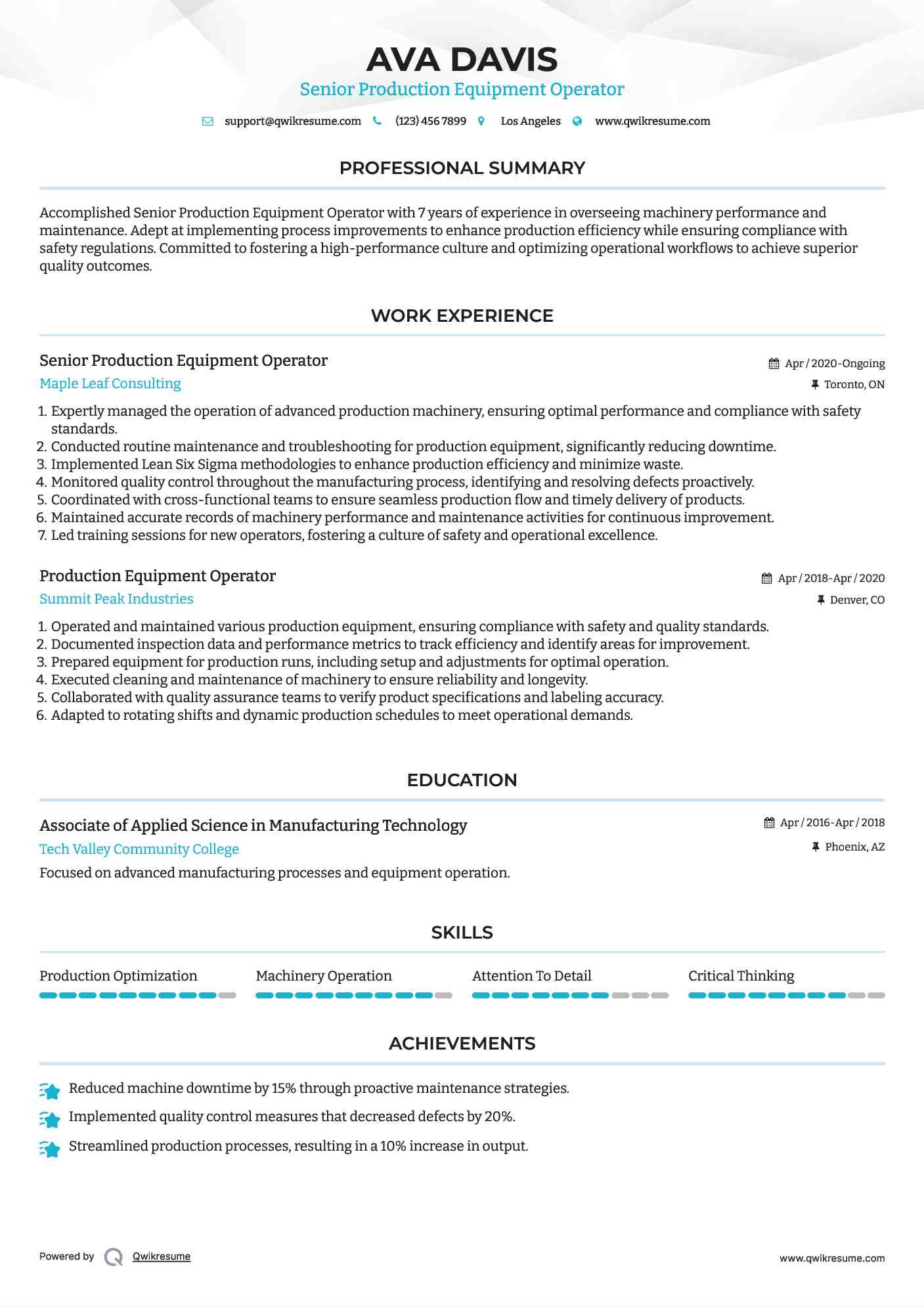 Senior Production Equipment Operator Resume Example