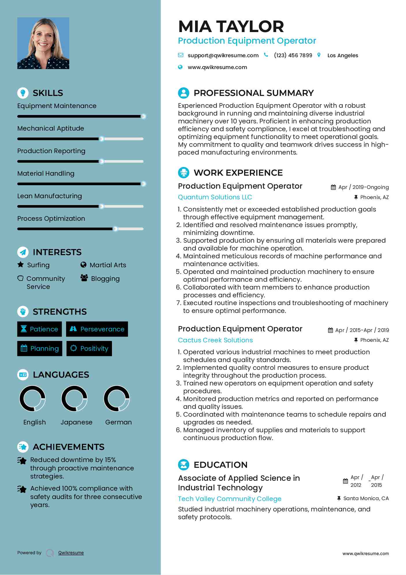 Production Equipment Operator Resume Model