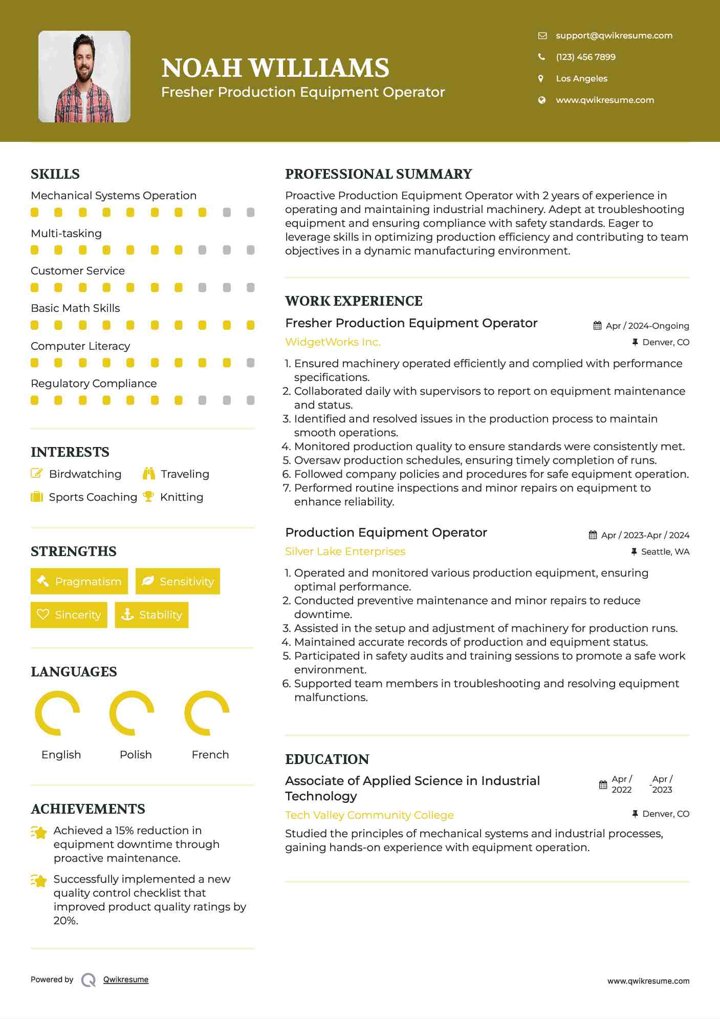 Fresher Production Equipment Operator Resume Example