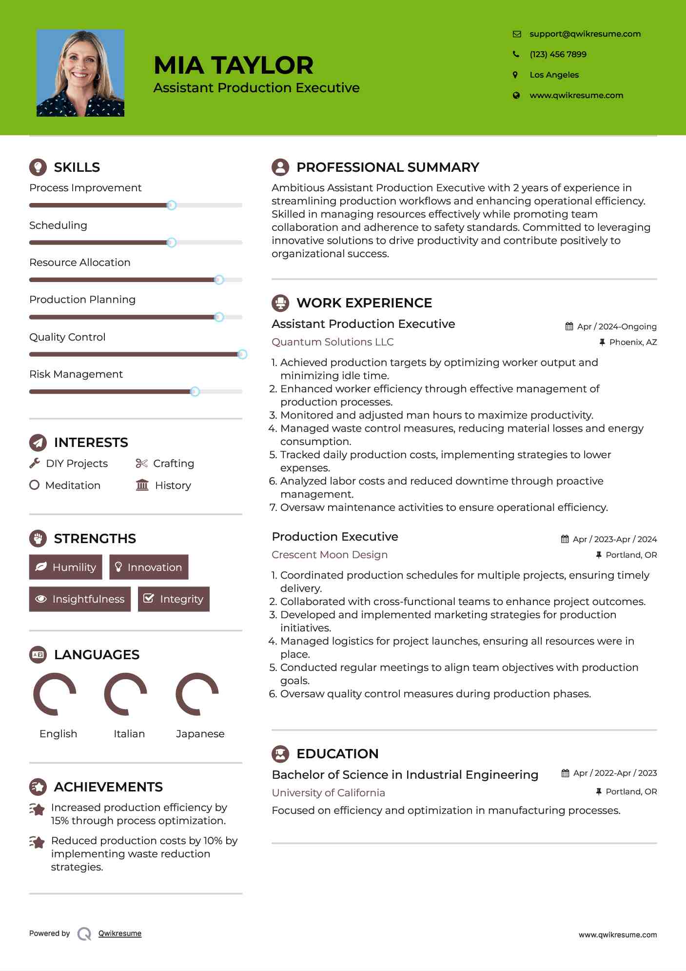 Assistant Production Executive Resume Template