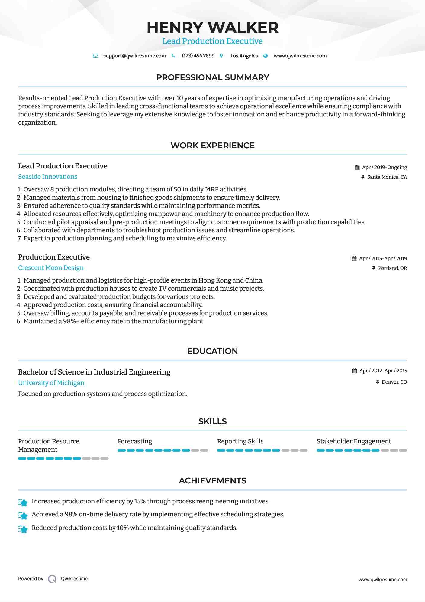 Lead Production Executive Resume Template
