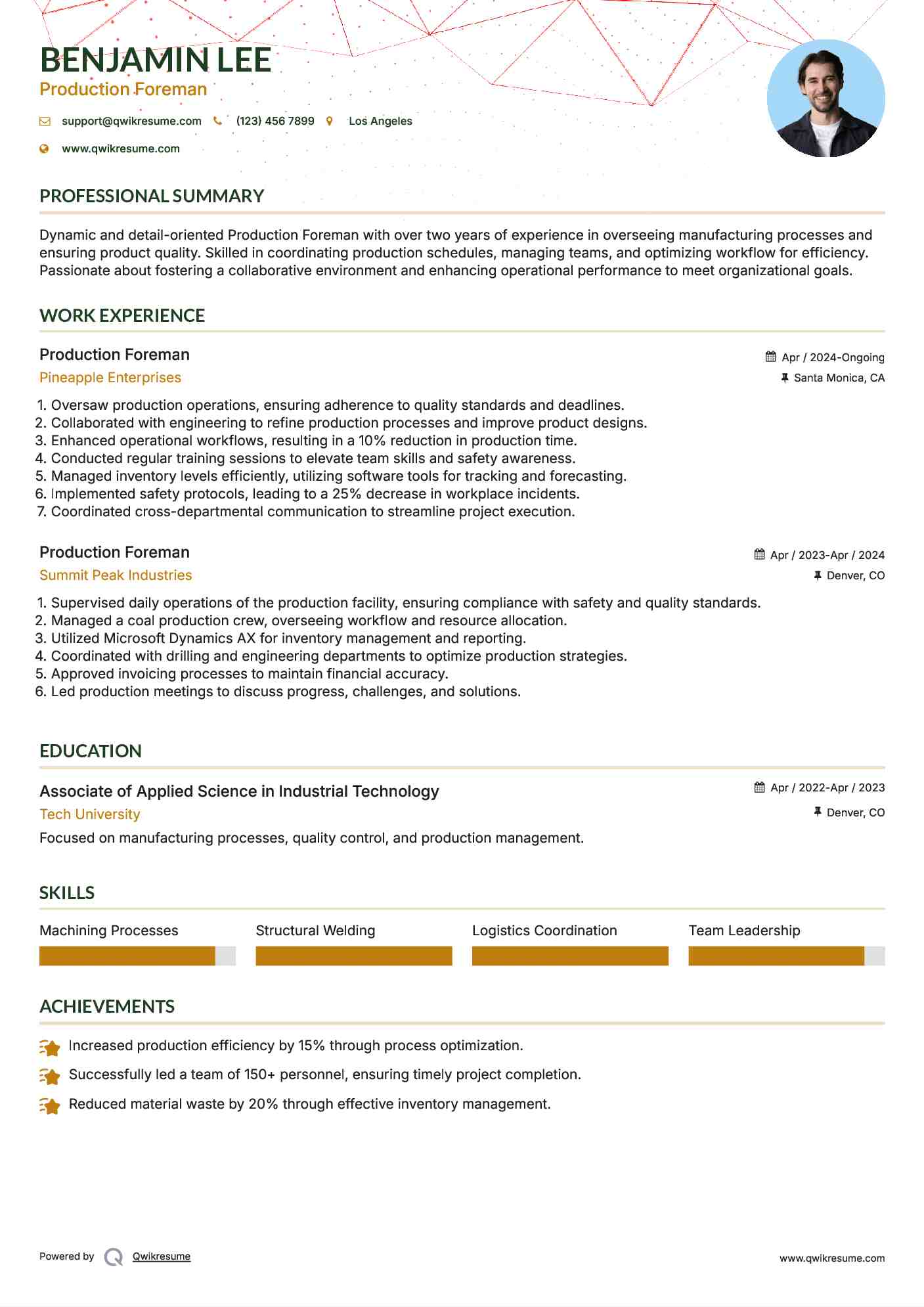 Production Foreman Resume Sample