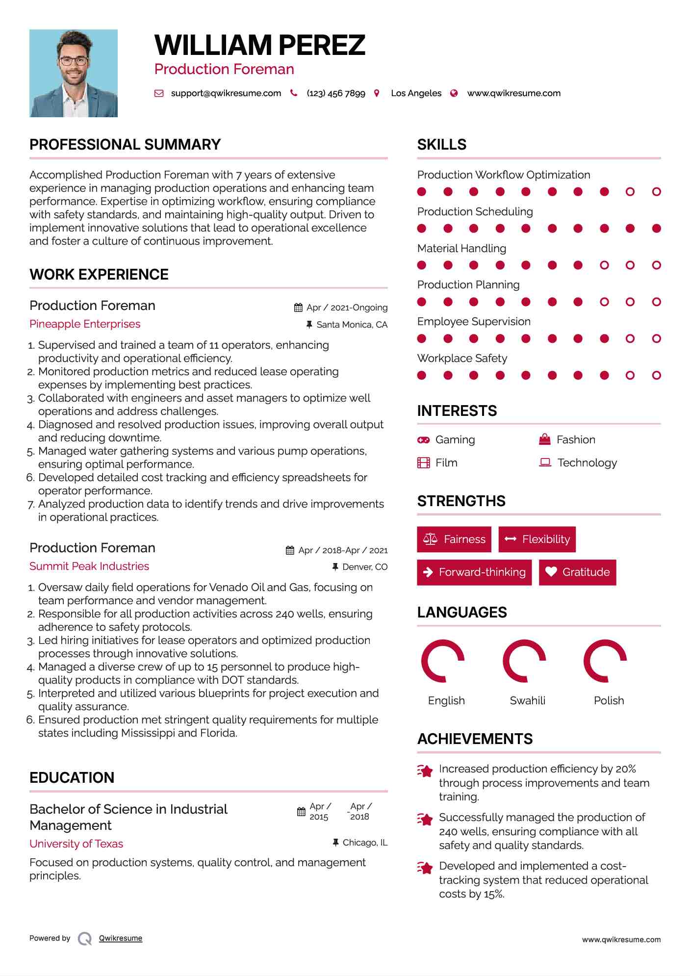 Production Foreman Resume Model