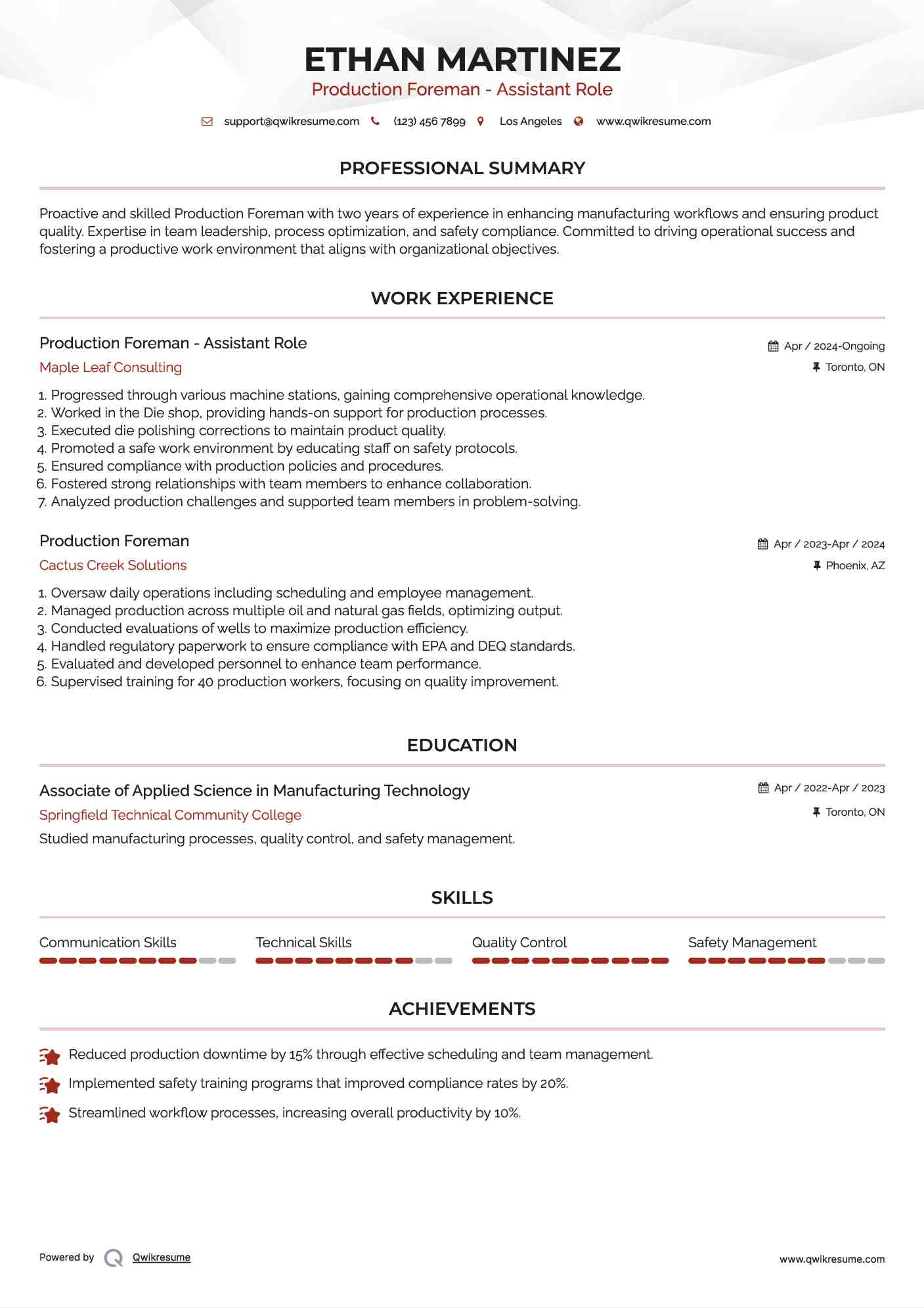 Production Foreman - Assistant Role Resume Sample