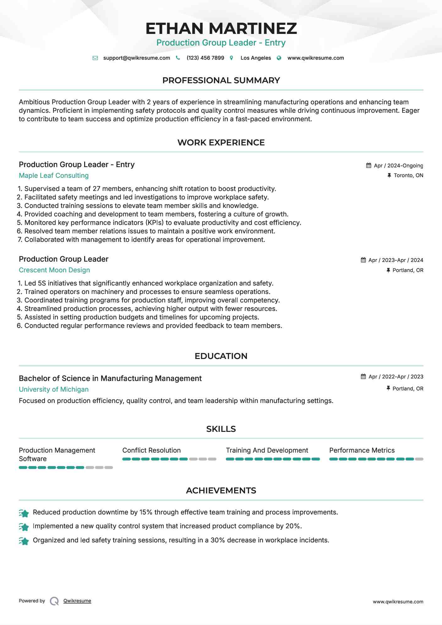 Production Group Leader - Entry Resume Template